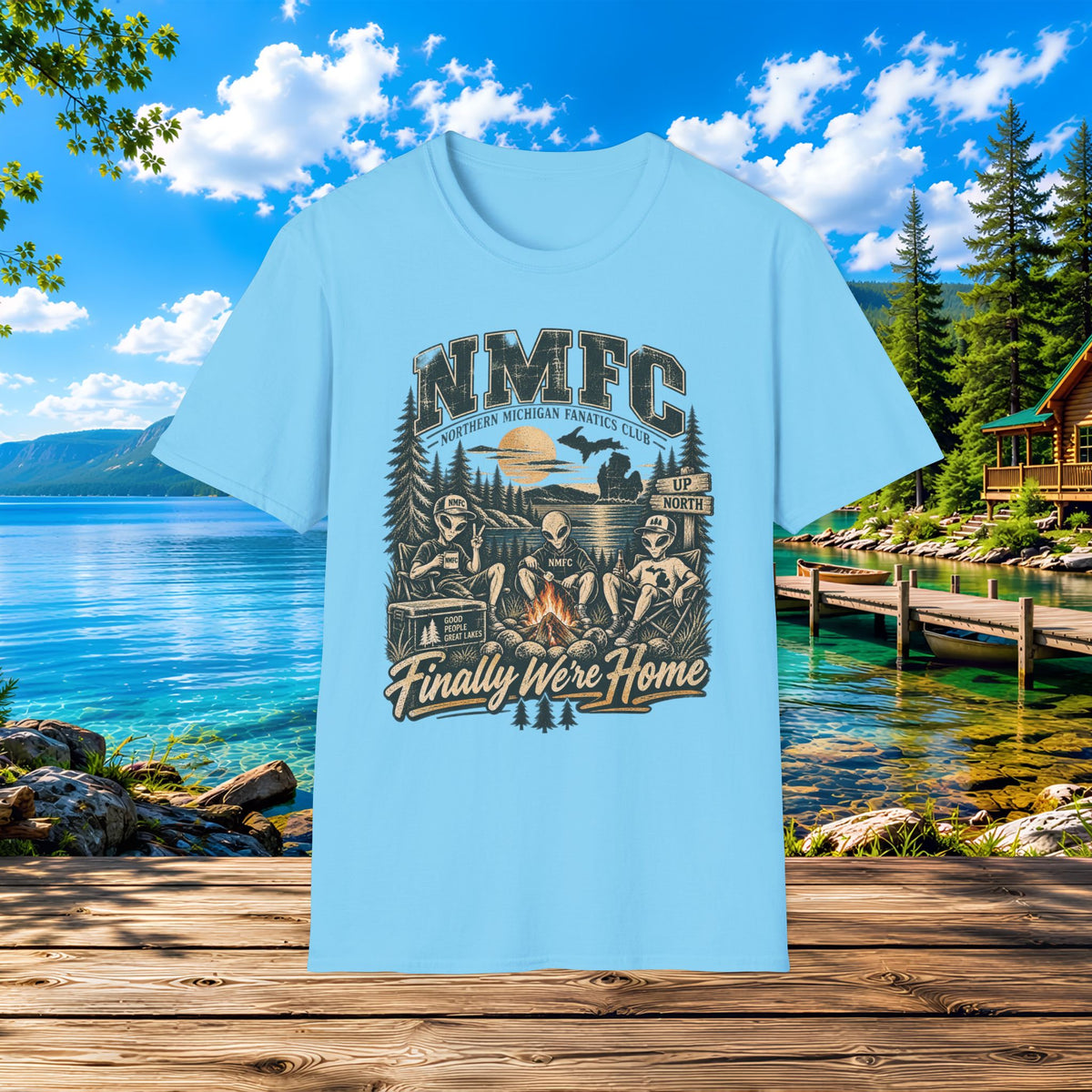 Camping Cabin T-Shirt — "NMFC Finally We're Home" Alien Campfire Tee