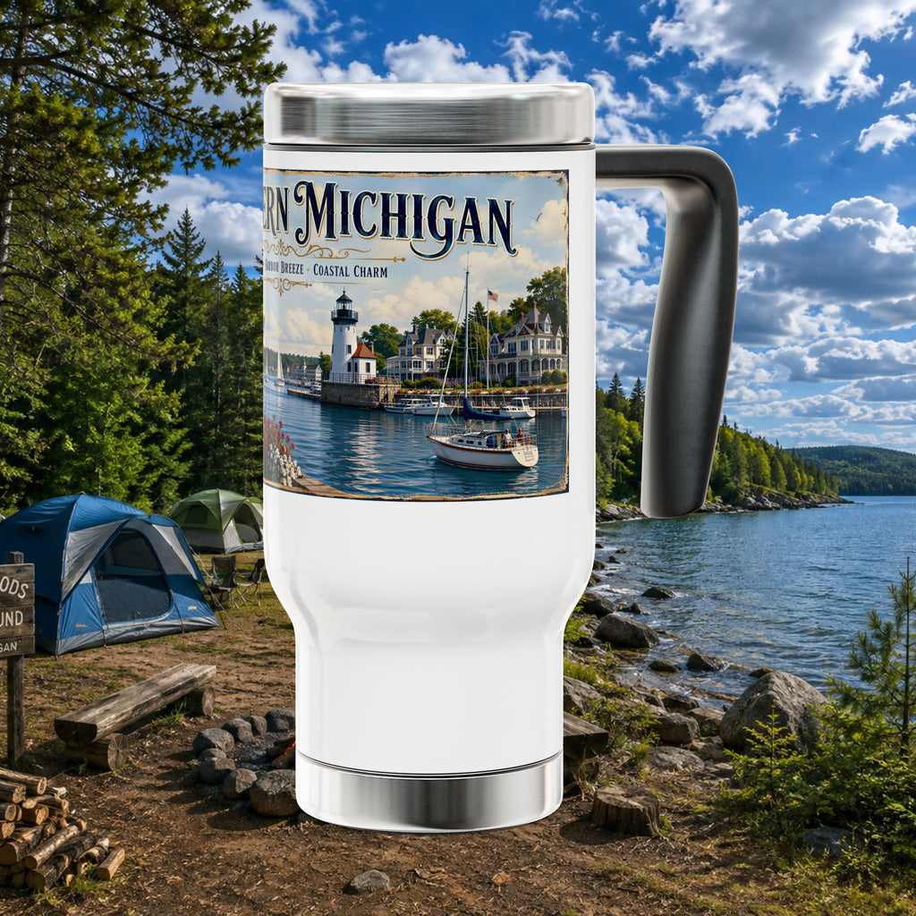 Northern Michigan Travel Mug - 14oz Stainless Steel with Handle (Lake Michigan Harbor Scenic)