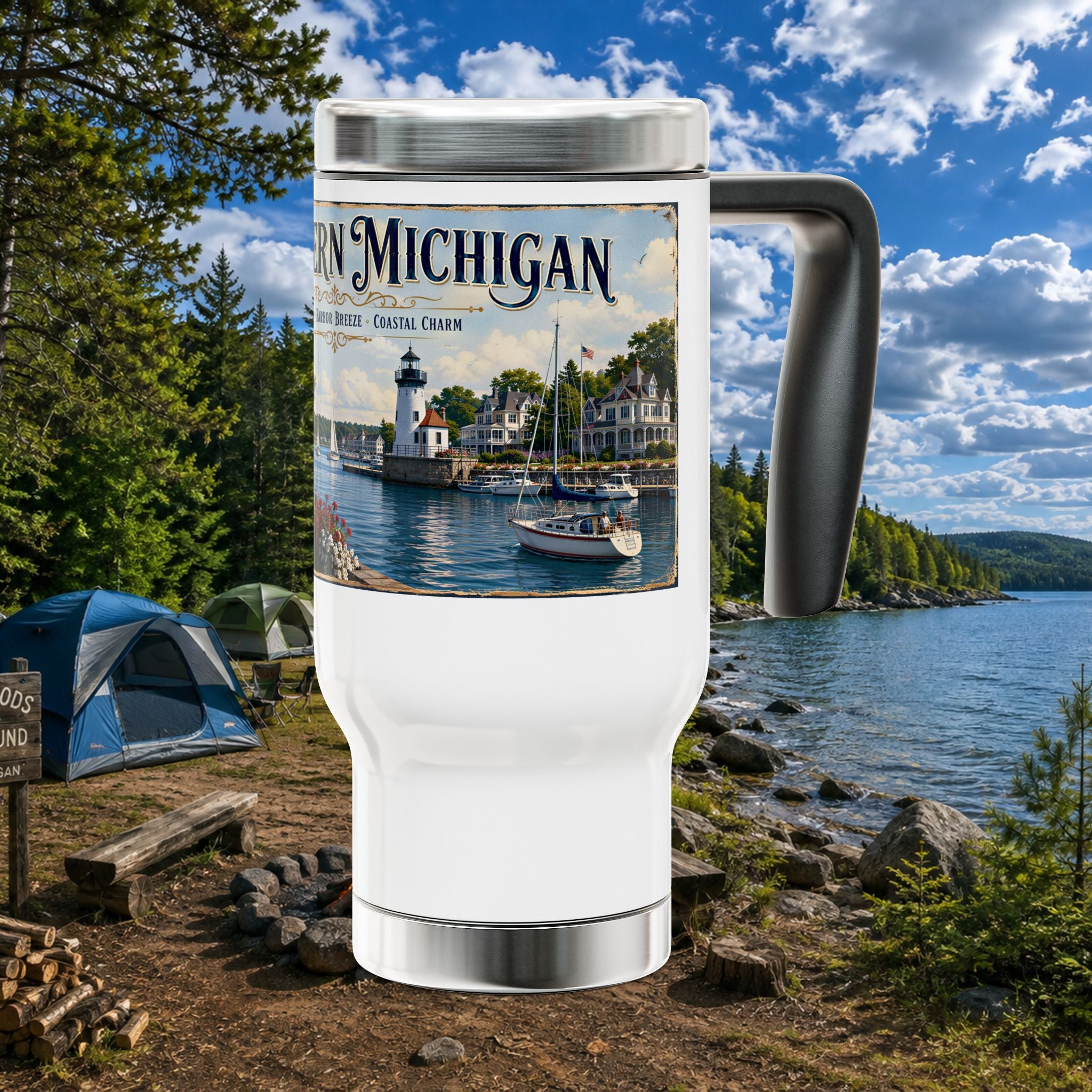 Northern Michigan Travel Mug - 14oz Stainless Steel with Handle (Lake Michigan Harbor Scenic)