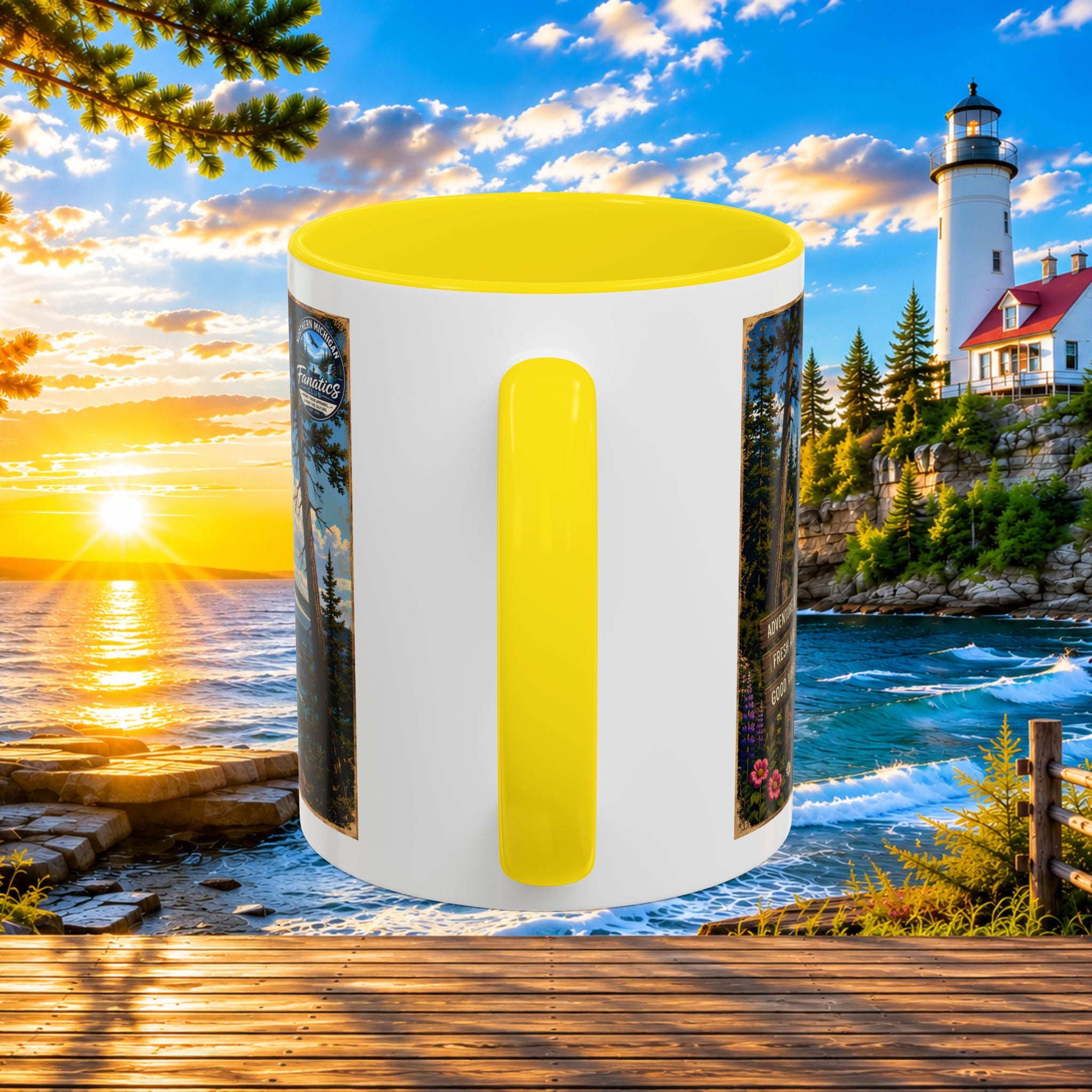 Northern Michigan Accent Coffee Mug — Scenic Lighthouse & Mackinac Bridge Travel Souvenir (11/15oz)