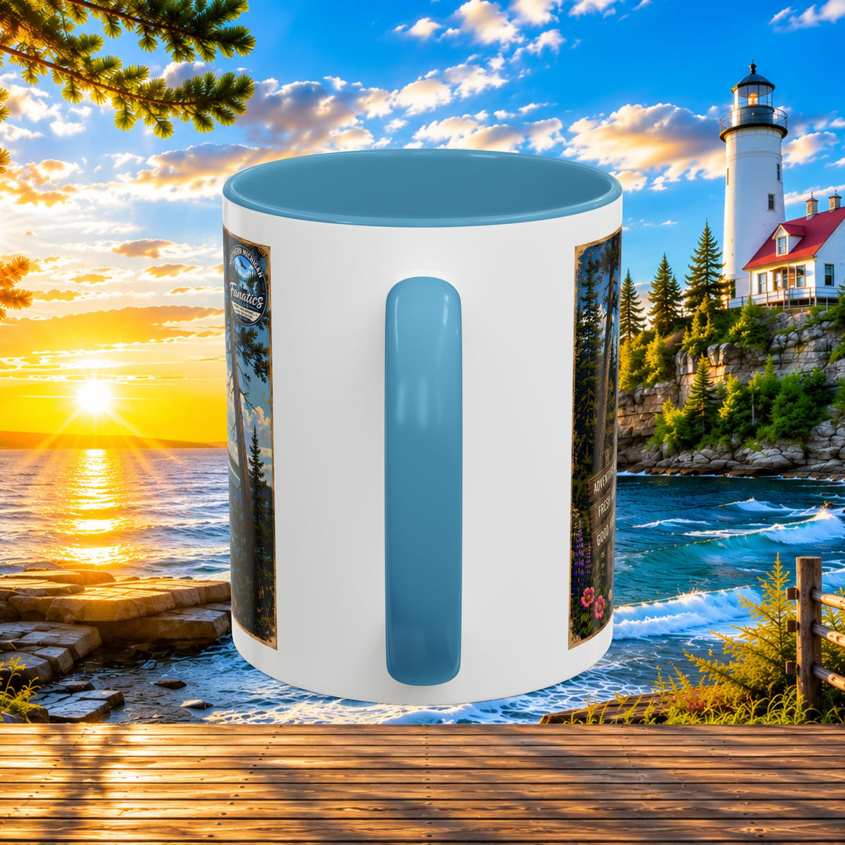 Northern Michigan Accent Coffee Mug — Scenic Lighthouse & Mackinac Bridge Travel Souvenir (11/15oz)