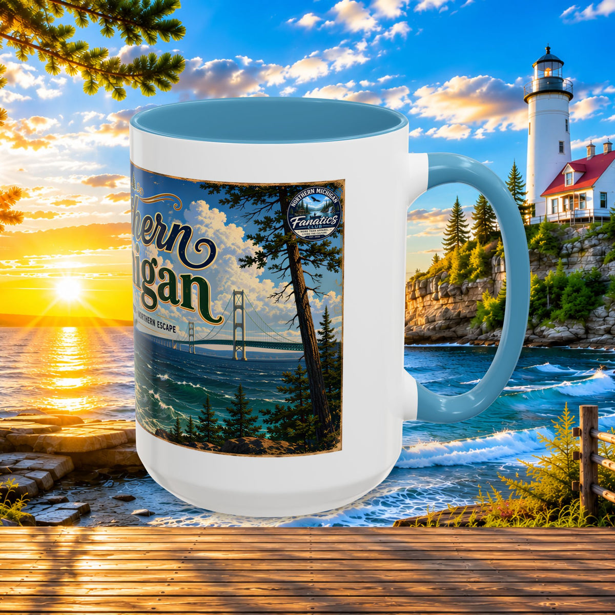 Northern Michigan Accent Coffee Mug — Scenic Lighthouse & Mackinac Bridge Travel Souvenir (11/15oz)
