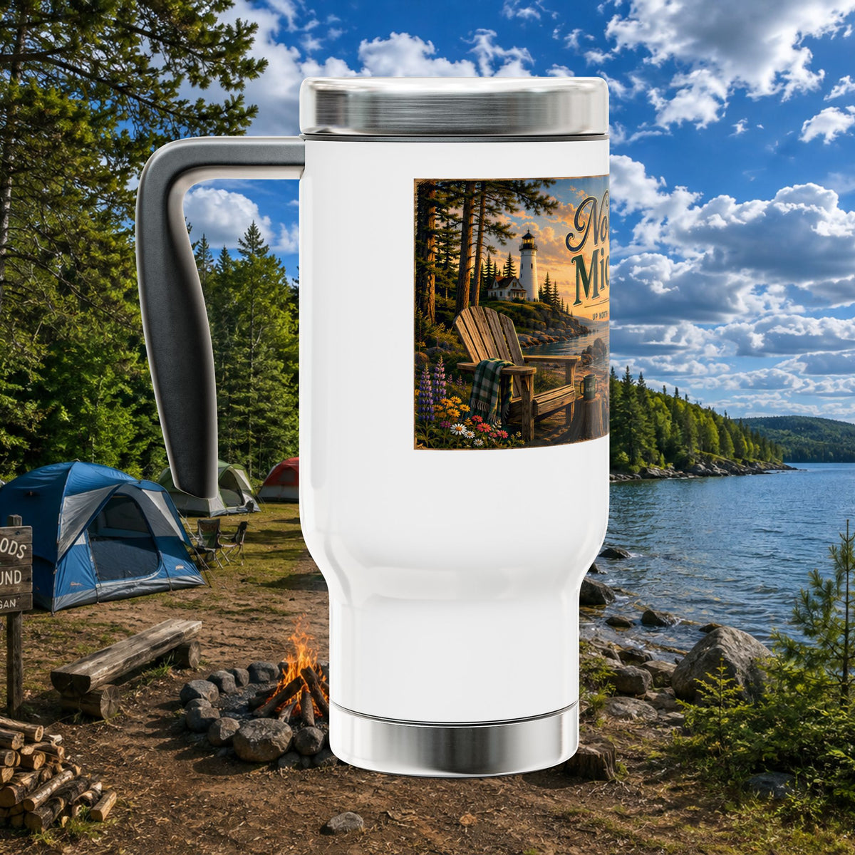 Northern Michigan Campfire Travel Mug — 14oz Stainless Steel with Handle