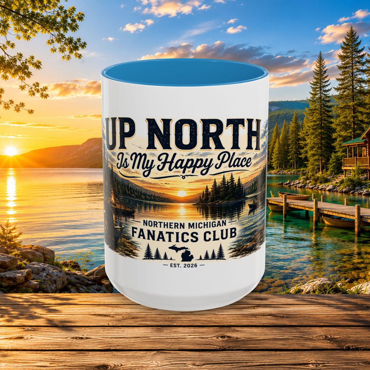 Up North Is My Happy Place Coffee Mug — Northern Michigan Scenic Accent Mug (11/15oz)