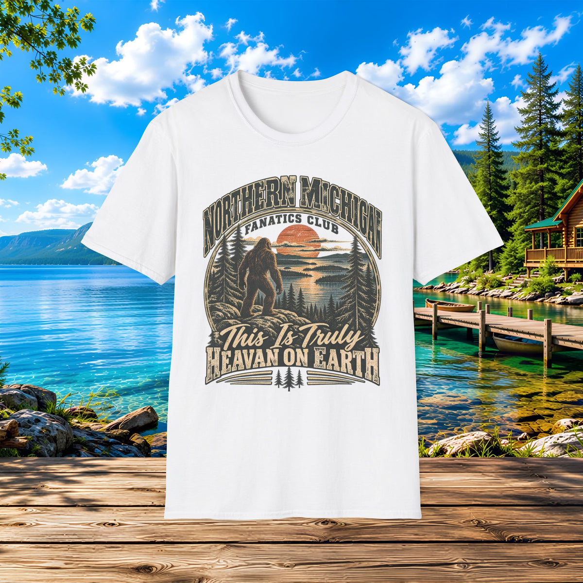 Northern Michigan T-Shirt — "This Is Truly Heaven On Earth" (Retro Sunset & Bigfoot)