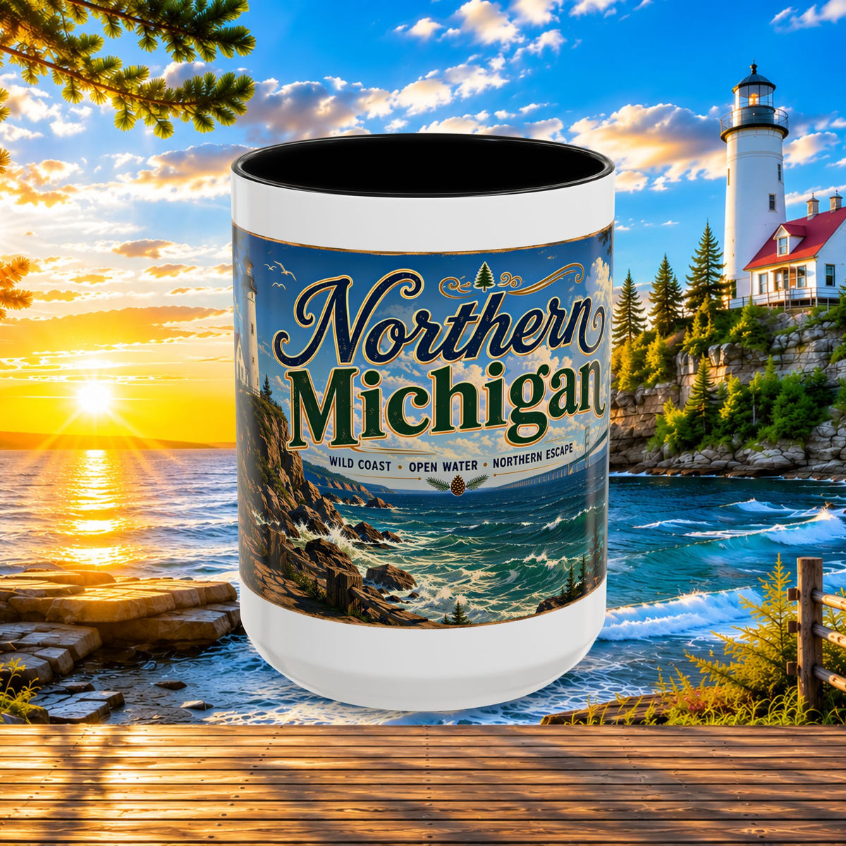 Northern Michigan Accent Coffee Mug — Scenic Lighthouse & Mackinac Bridge Travel Souvenir (11/15oz)