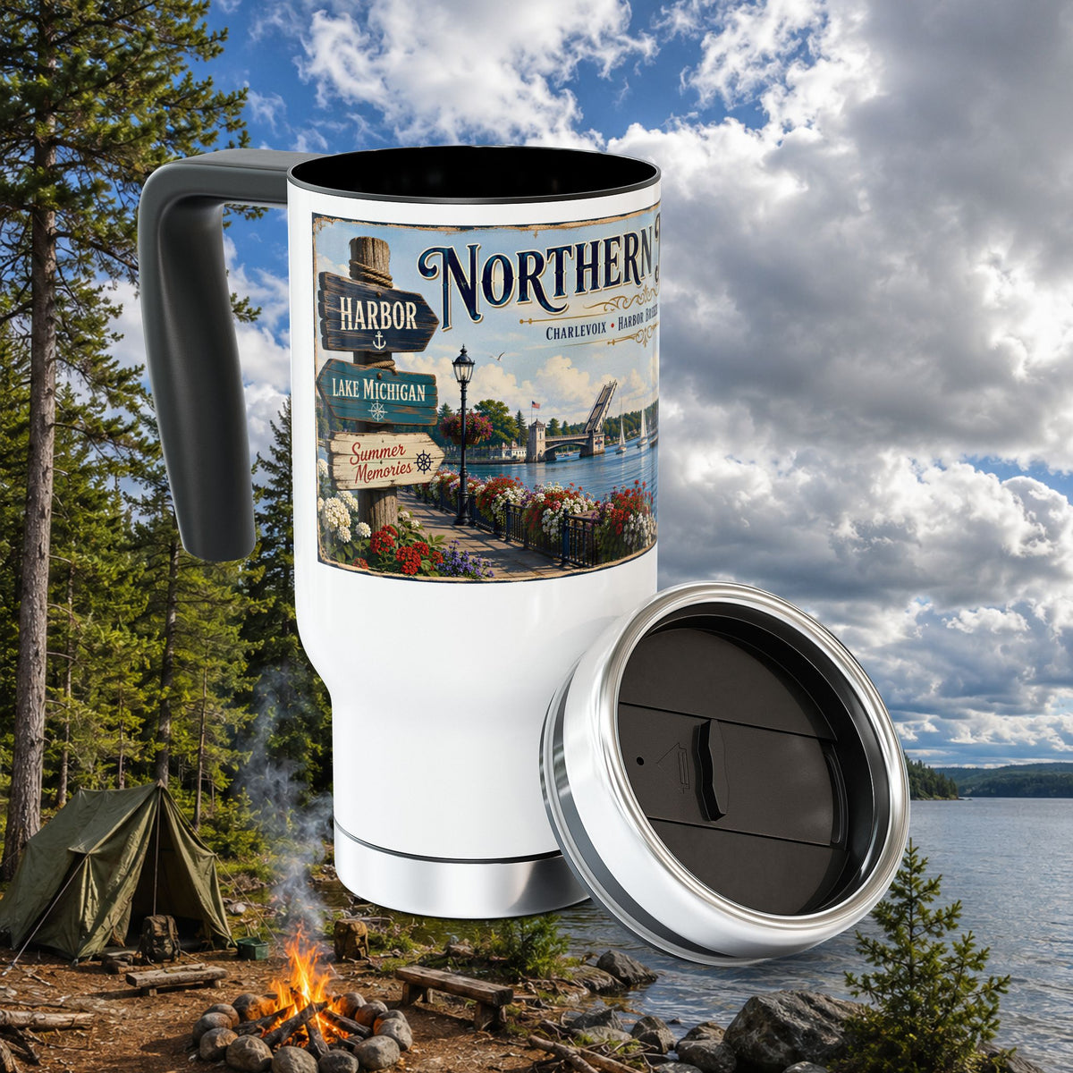 Northern Michigan Travel Mug - 14oz Stainless Steel with Handle (Lake Michigan Harbor Scenic)