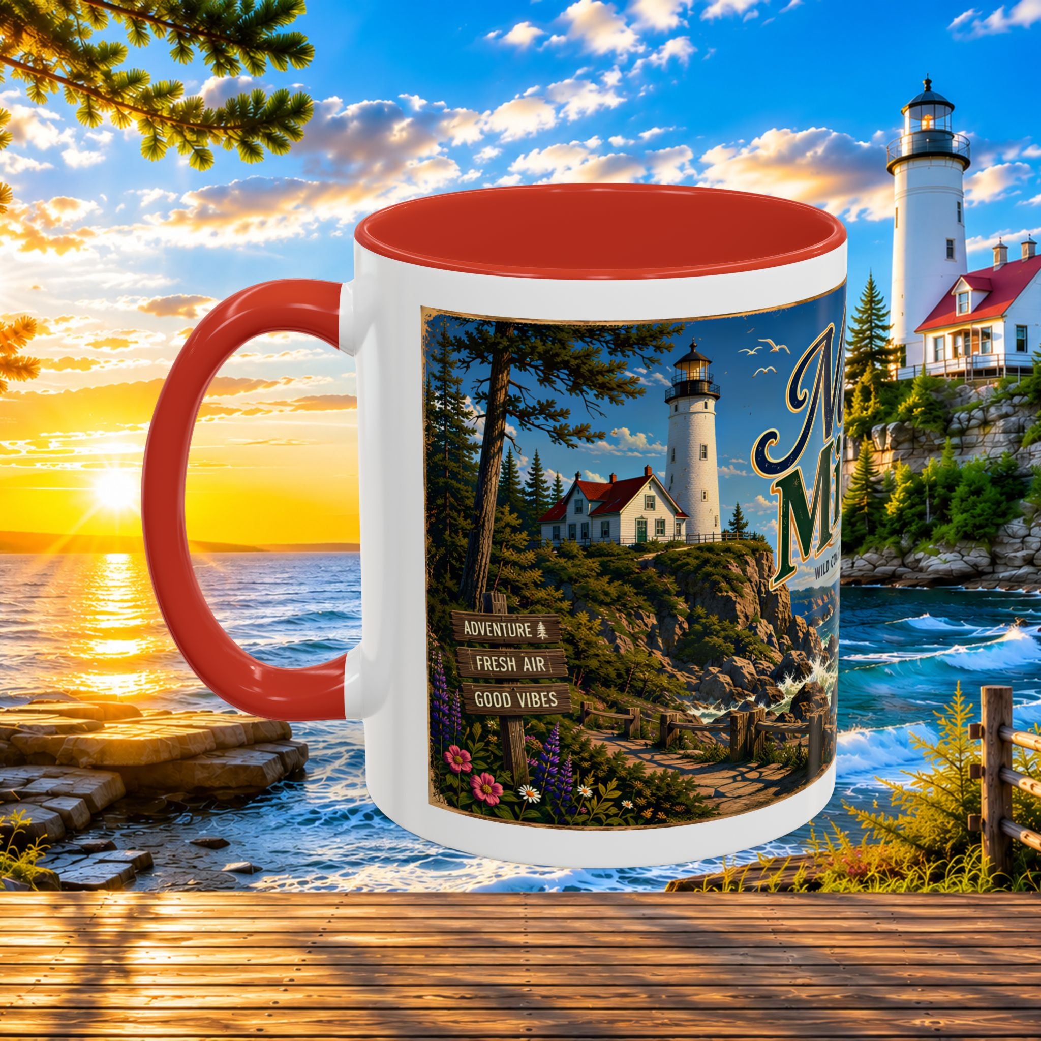 Northern Michigan Accent Coffee Mug — Scenic Lighthouse & Mackinac Bridge Travel Souvenir (11/15oz)
