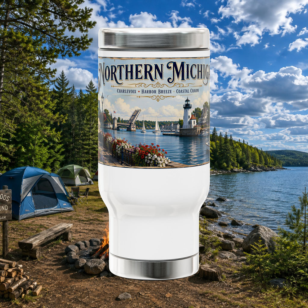 Northern Michigan Travel Mug - 14oz Stainless Steel with Handle (Lake Michigan Harbor Scenic)