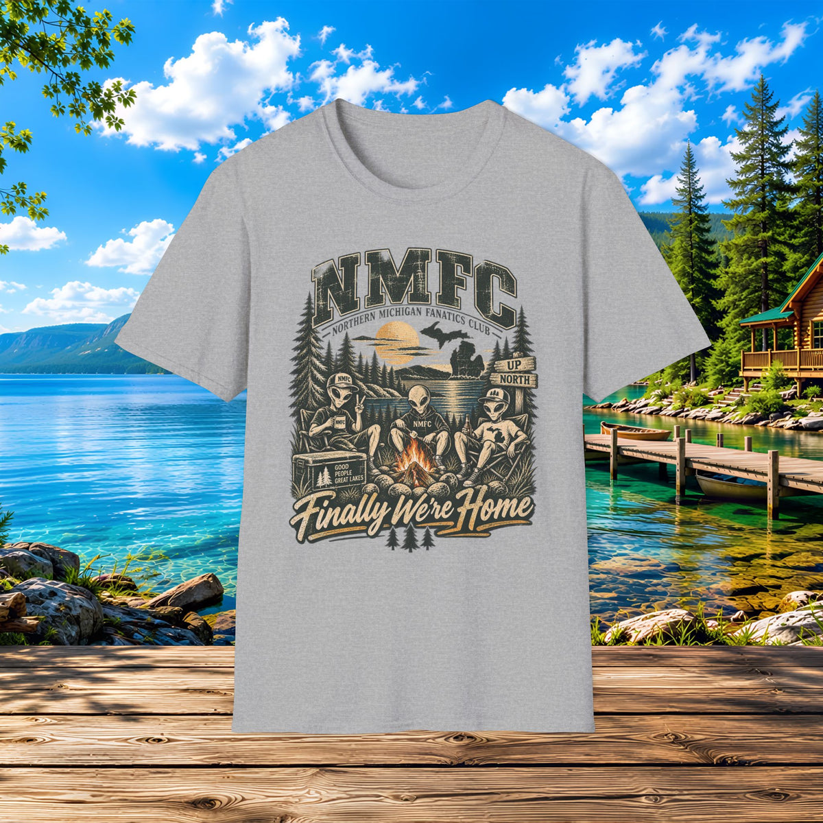 Camping Cabin T-Shirt — "NMFC Finally We're Home" Alien Campfire Tee