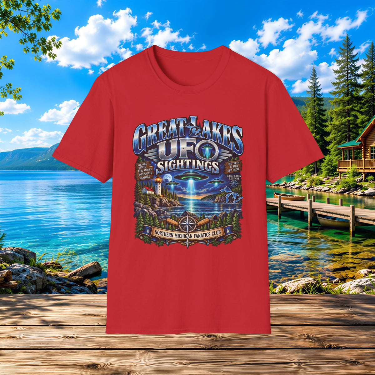 Great Lakes UFO Sightings T‑Shirt — Retro Alien Lake Scene