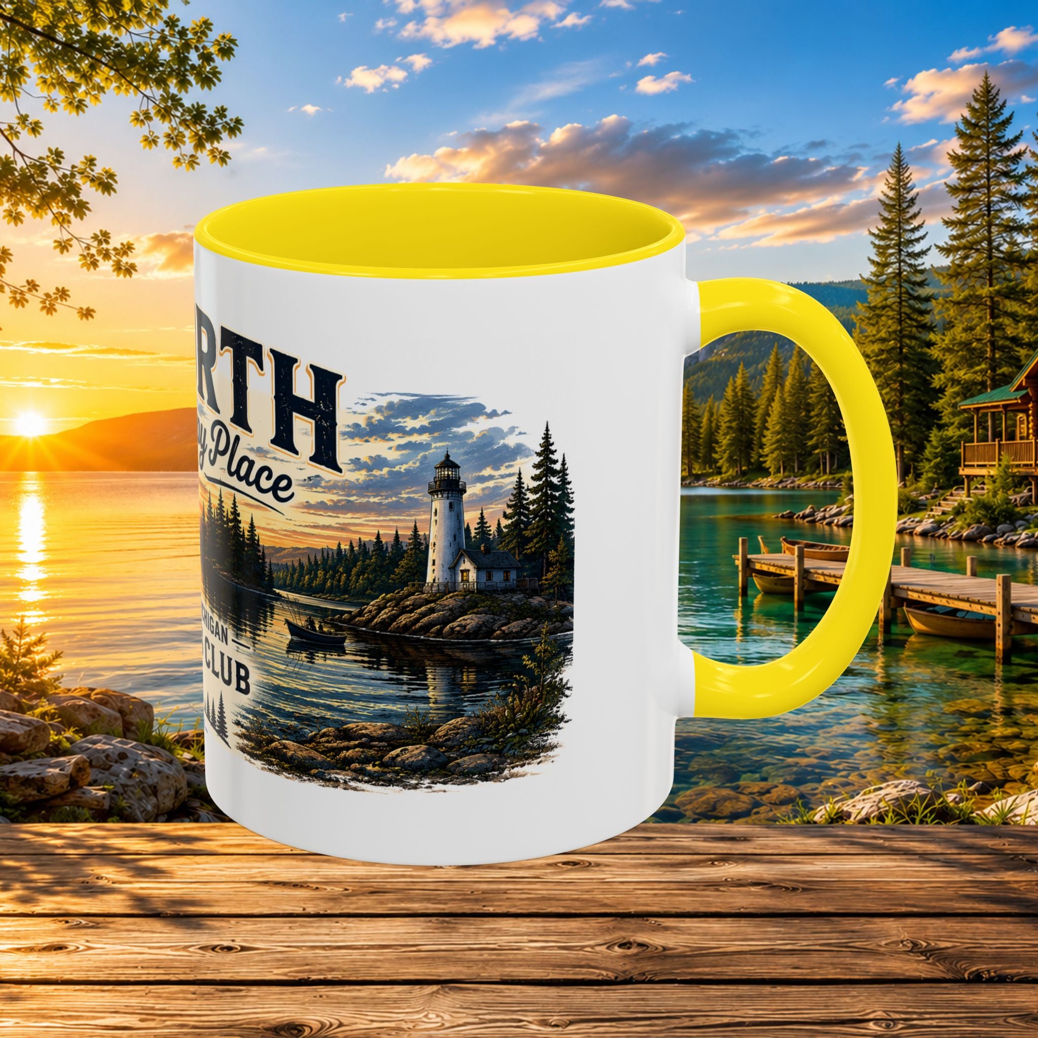 Up North Is My Happy Place Coffee Mug — Northern Michigan Scenic Accent Mug (11/15oz)