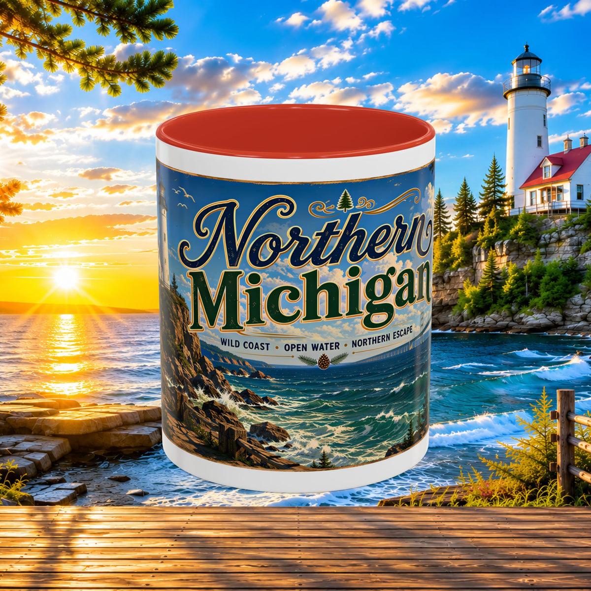 Northern Michigan Accent Coffee Mug — Scenic Lighthouse & Mackinac Bridge Travel Souvenir (11/15oz)