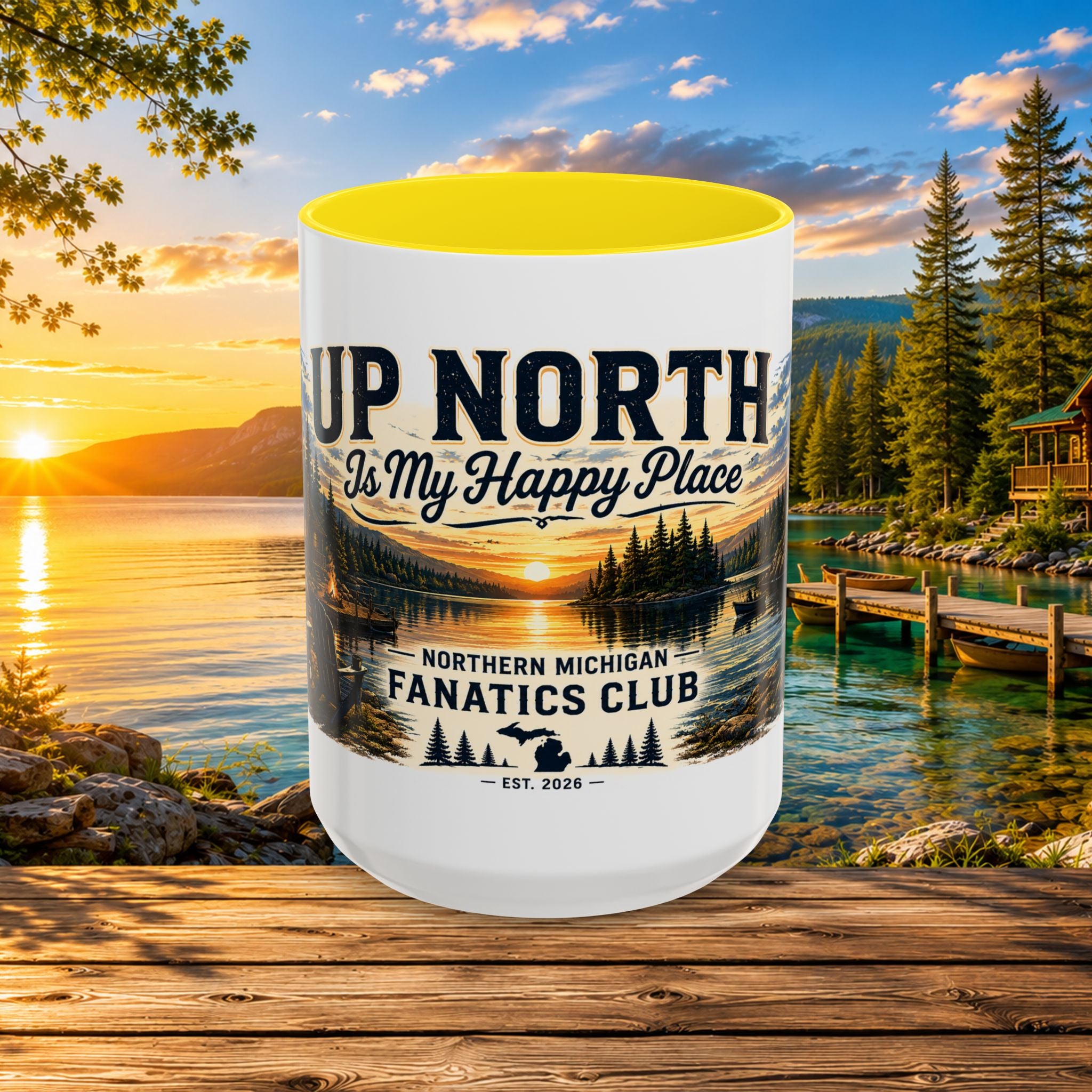 Up North Is My Happy Place Coffee Mug — Northern Michigan Scenic Accent Mug (11/15oz)