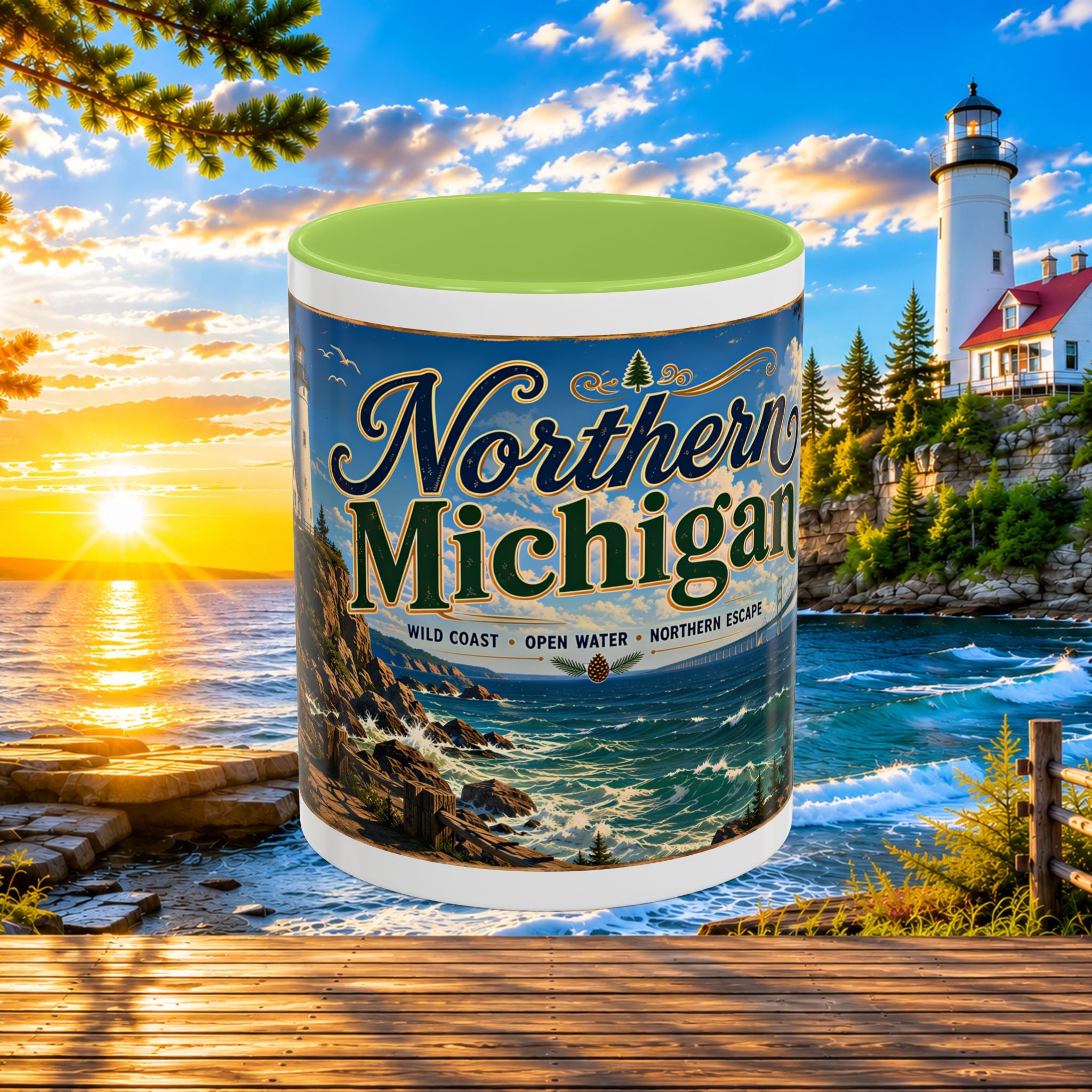 Northern Michigan Accent Coffee Mug — Scenic Lighthouse & Mackinac Bridge Travel Souvenir (11/15oz)