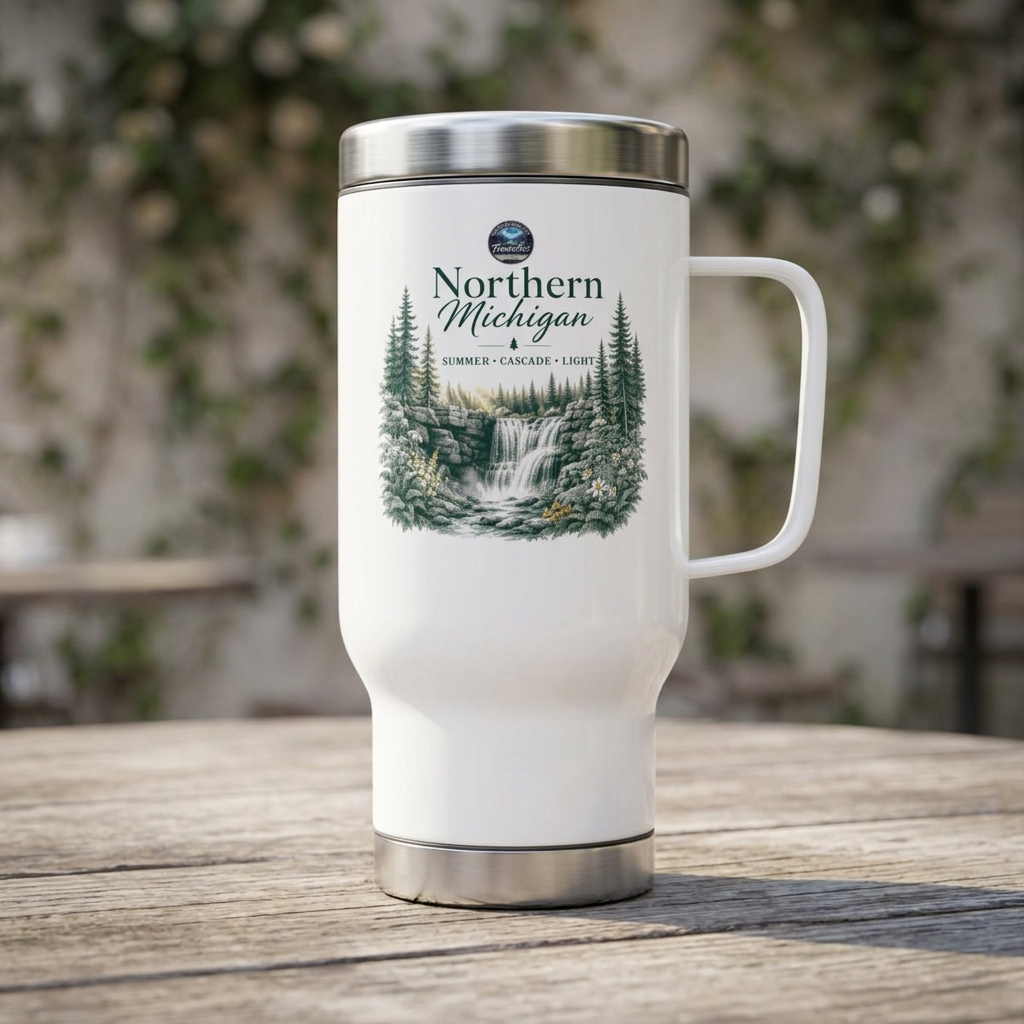Northern Michigan Travel Mug — Laughing Whitefish Falls Stainless Steel 14oz