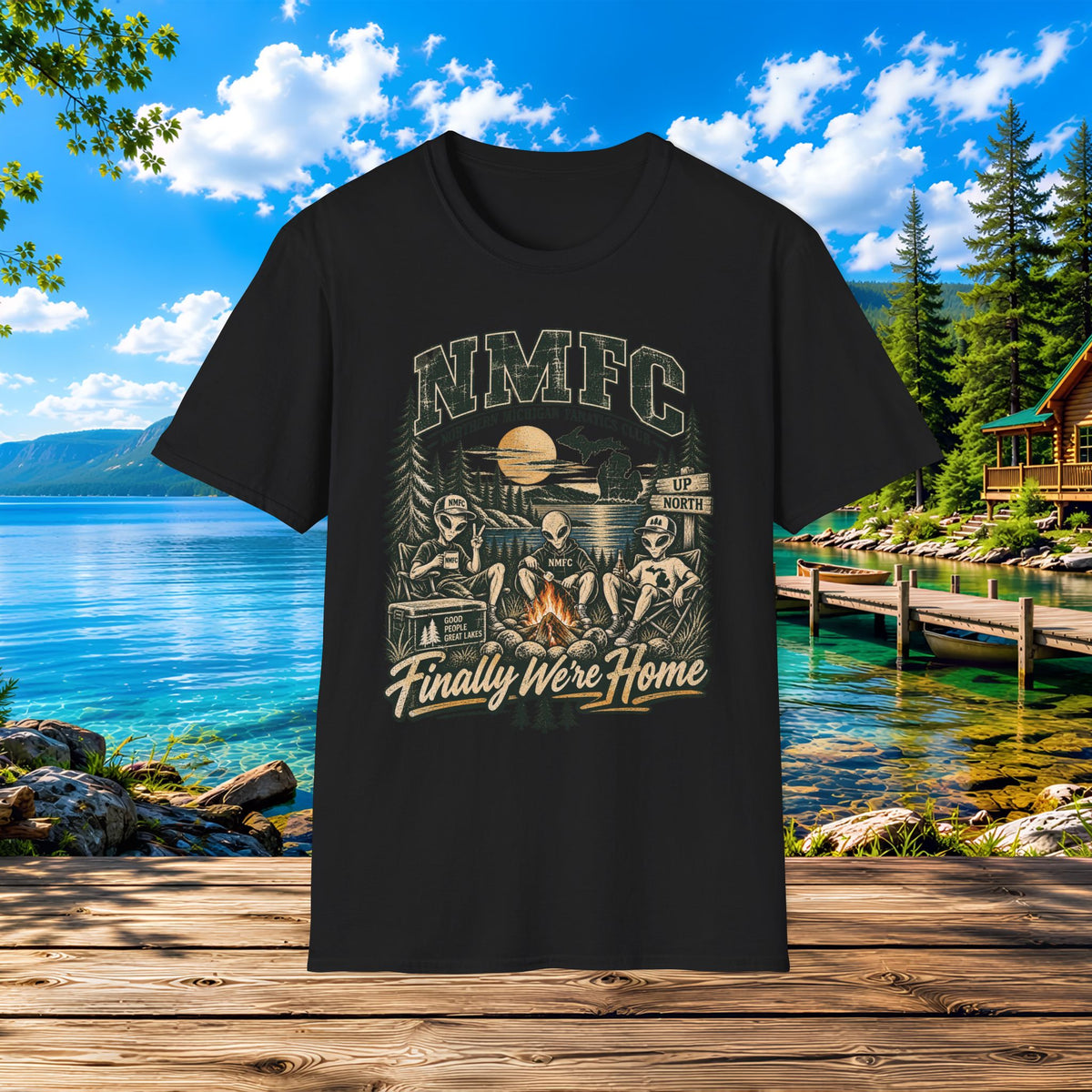 Camping Cabin T-Shirt — "NMFC Finally We're Home" Alien Campfire Tee