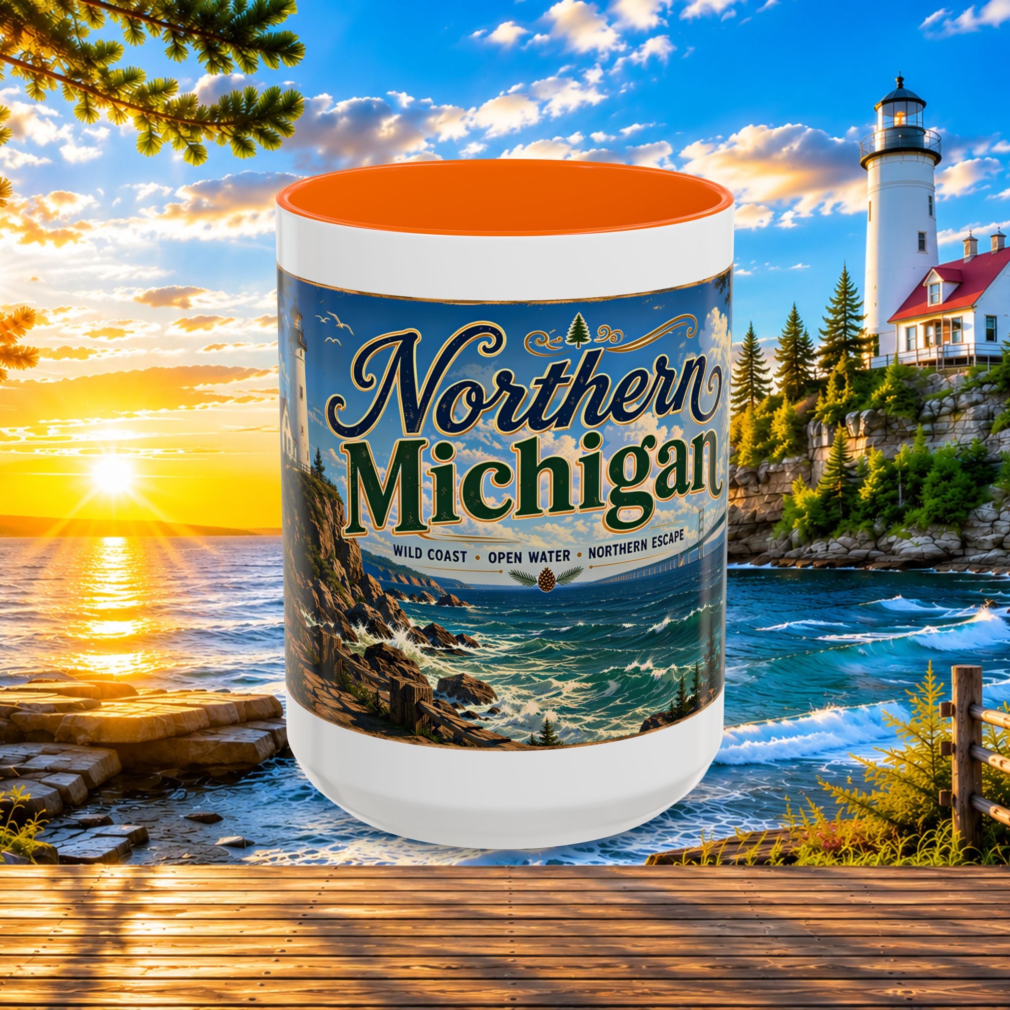 Northern Michigan Accent Coffee Mug — Scenic Lighthouse & Mackinac Bridge Travel Souvenir (11/15oz)
