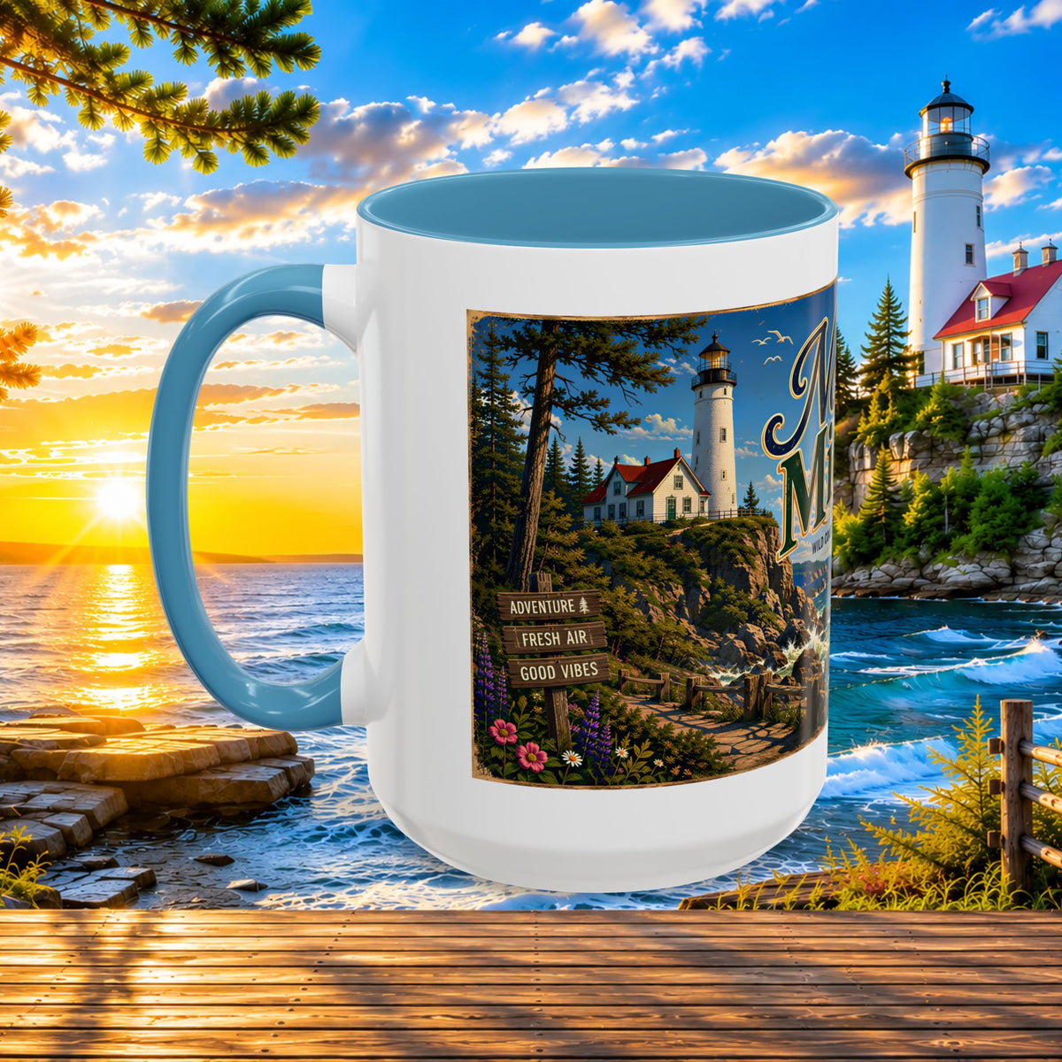 Northern Michigan Accent Coffee Mug — Scenic Lighthouse & Mackinac Bridge Travel Souvenir (11/15oz)