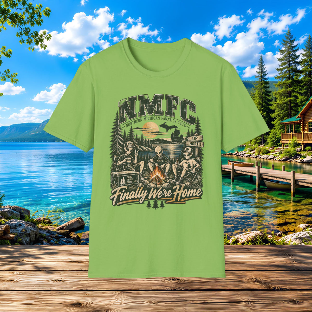Camping Cabin T-Shirt — "NMFC Finally We're Home" Alien Campfire Tee