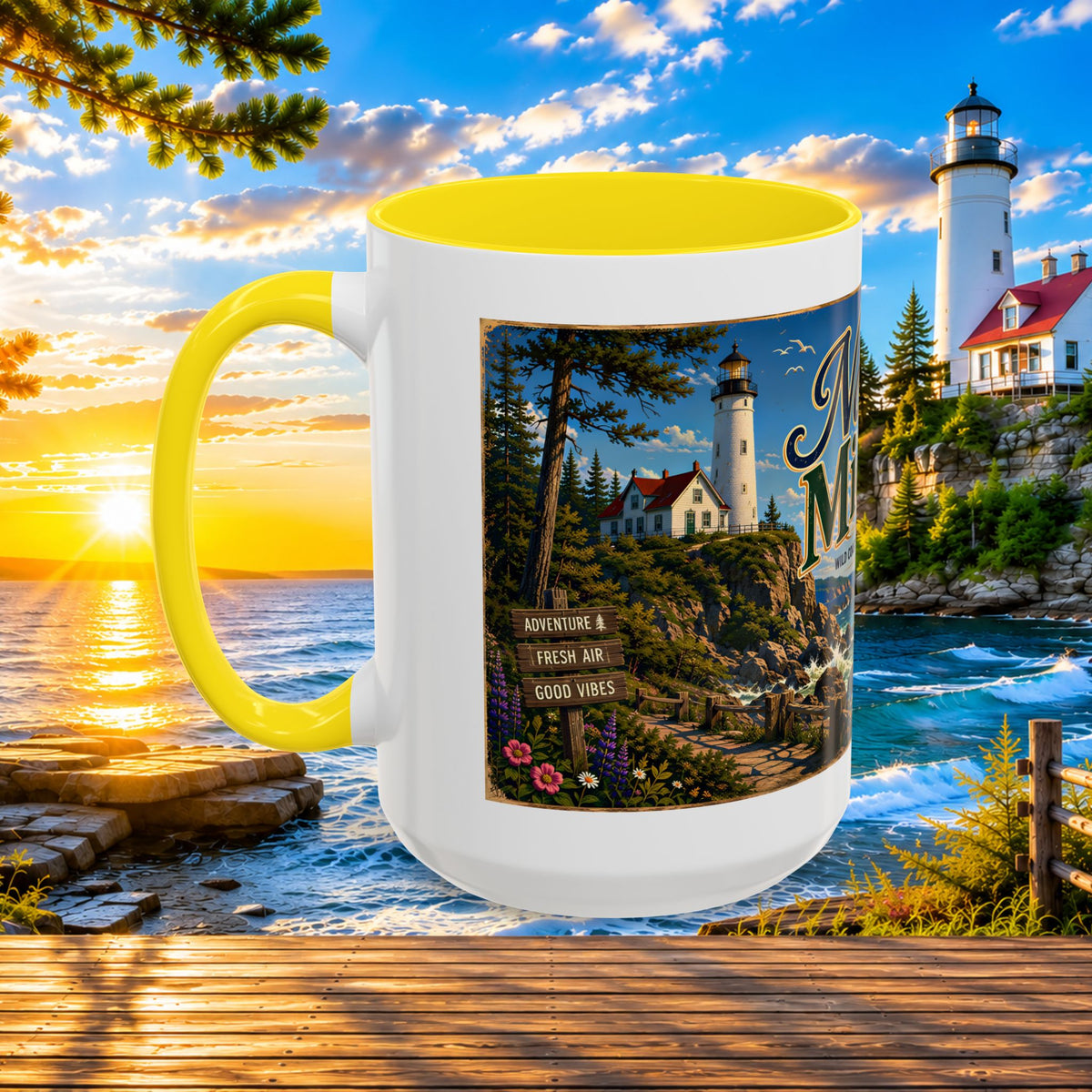 Northern Michigan Accent Coffee Mug — Scenic Lighthouse & Mackinac Bridge Travel Souvenir (11/15oz)