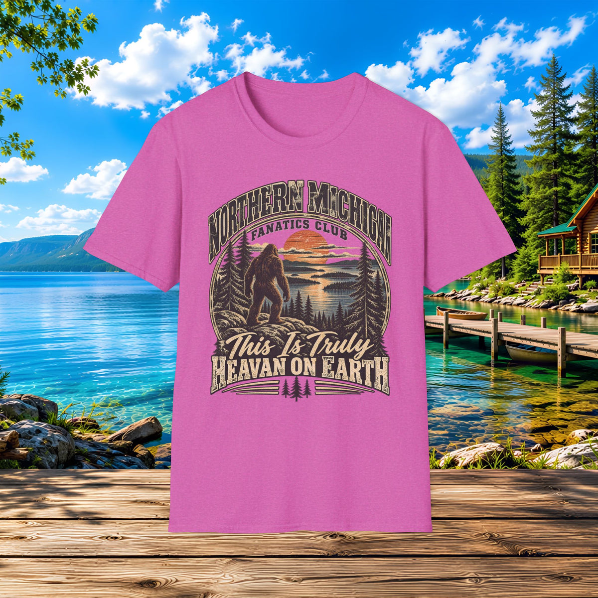 Northern Michigan T-Shirt — "This Is Truly Heaven On Earth" (Retro Sunset & Bigfoot)