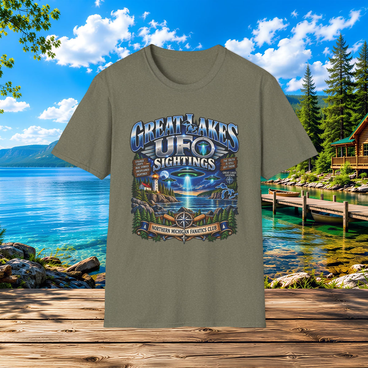 Great Lakes UFO Sightings T‑Shirt — Retro Alien Lake Scene
