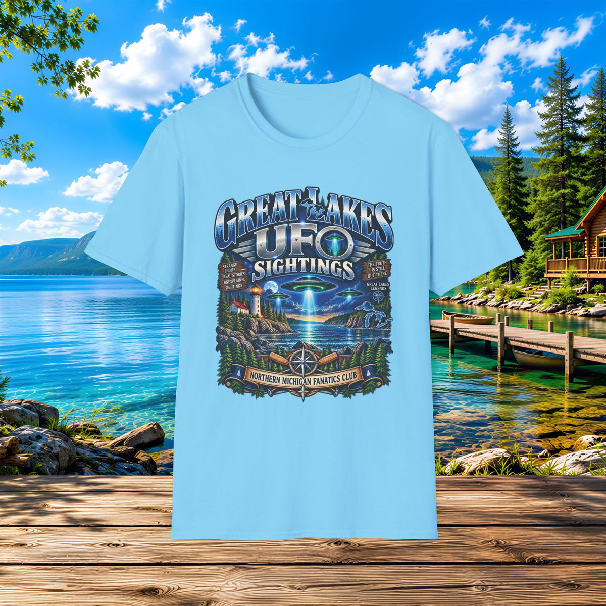 Great Lakes UFO Sightings T‑Shirt — Retro Alien Lake Scene