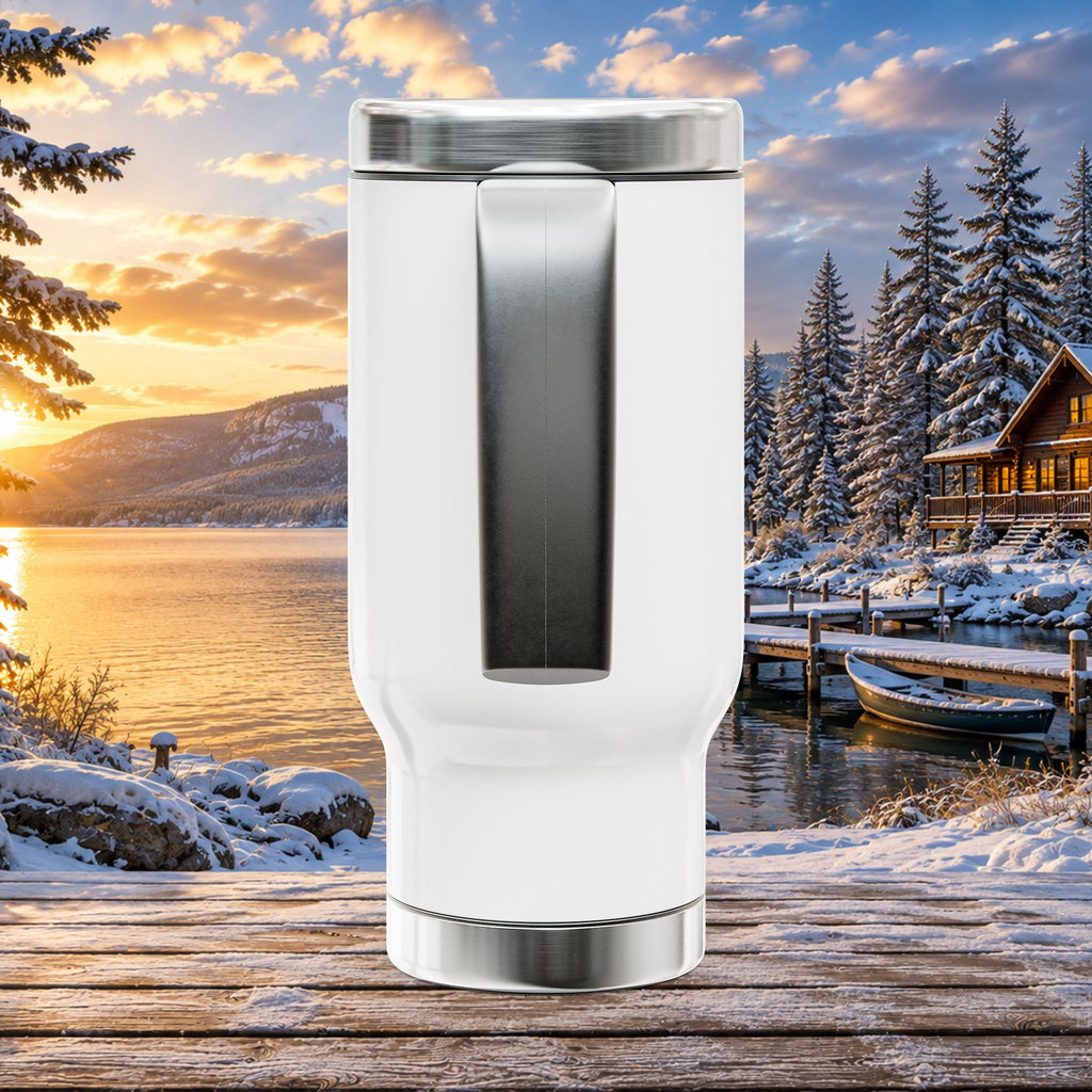 Northern Michigan Travel Mug 14oz — Winter Pines Stainless Steel Coffee Tumbler with Handle