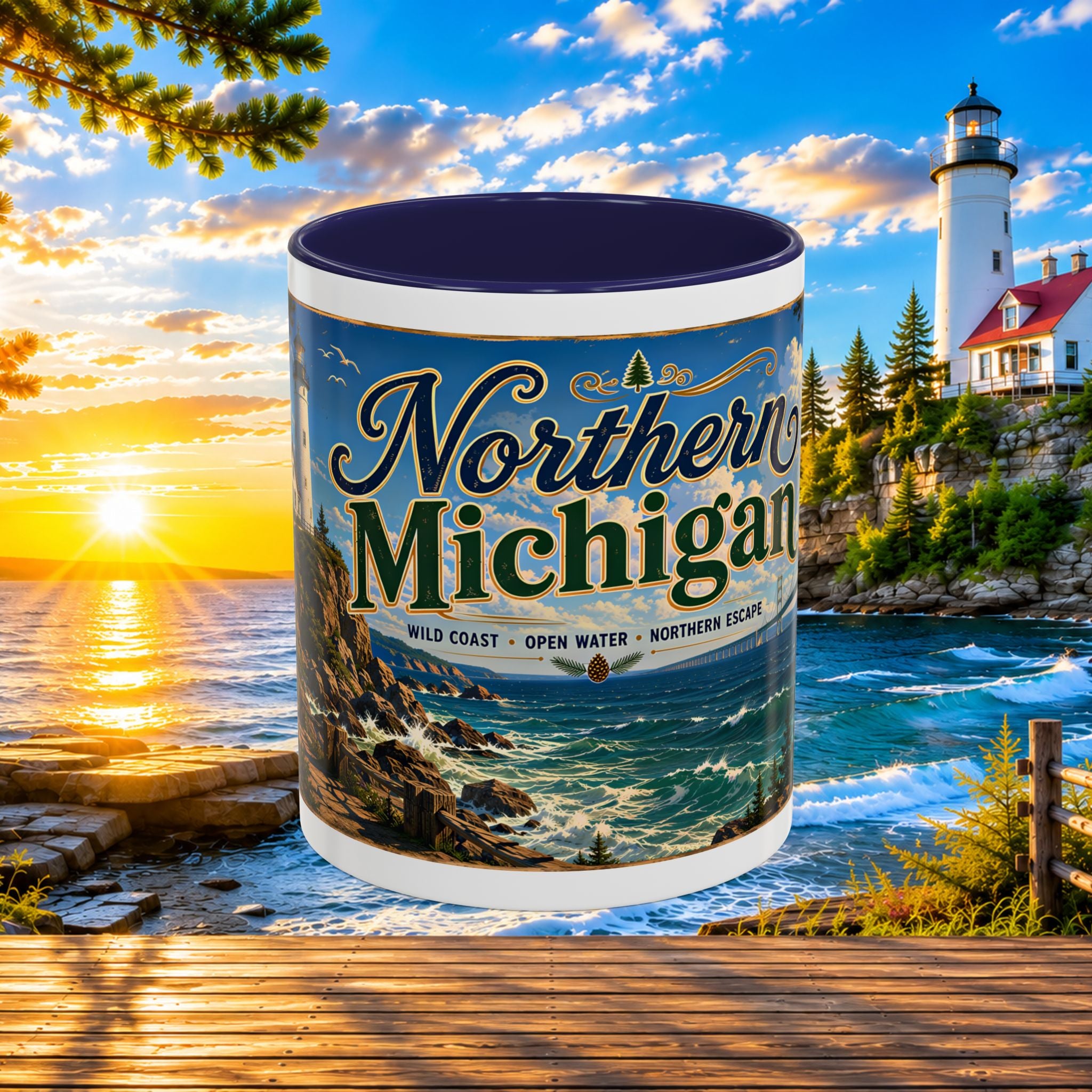 Northern Michigan Accent Coffee Mug — Scenic Lighthouse & Mackinac Bridge Travel Souvenir (11/15oz)