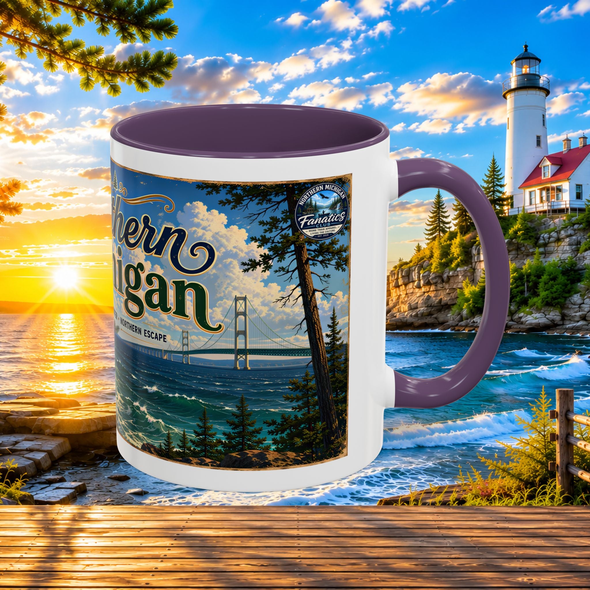 Northern Michigan Accent Coffee Mug — Scenic Lighthouse & Mackinac Bridge Travel Souvenir (11/15oz)
