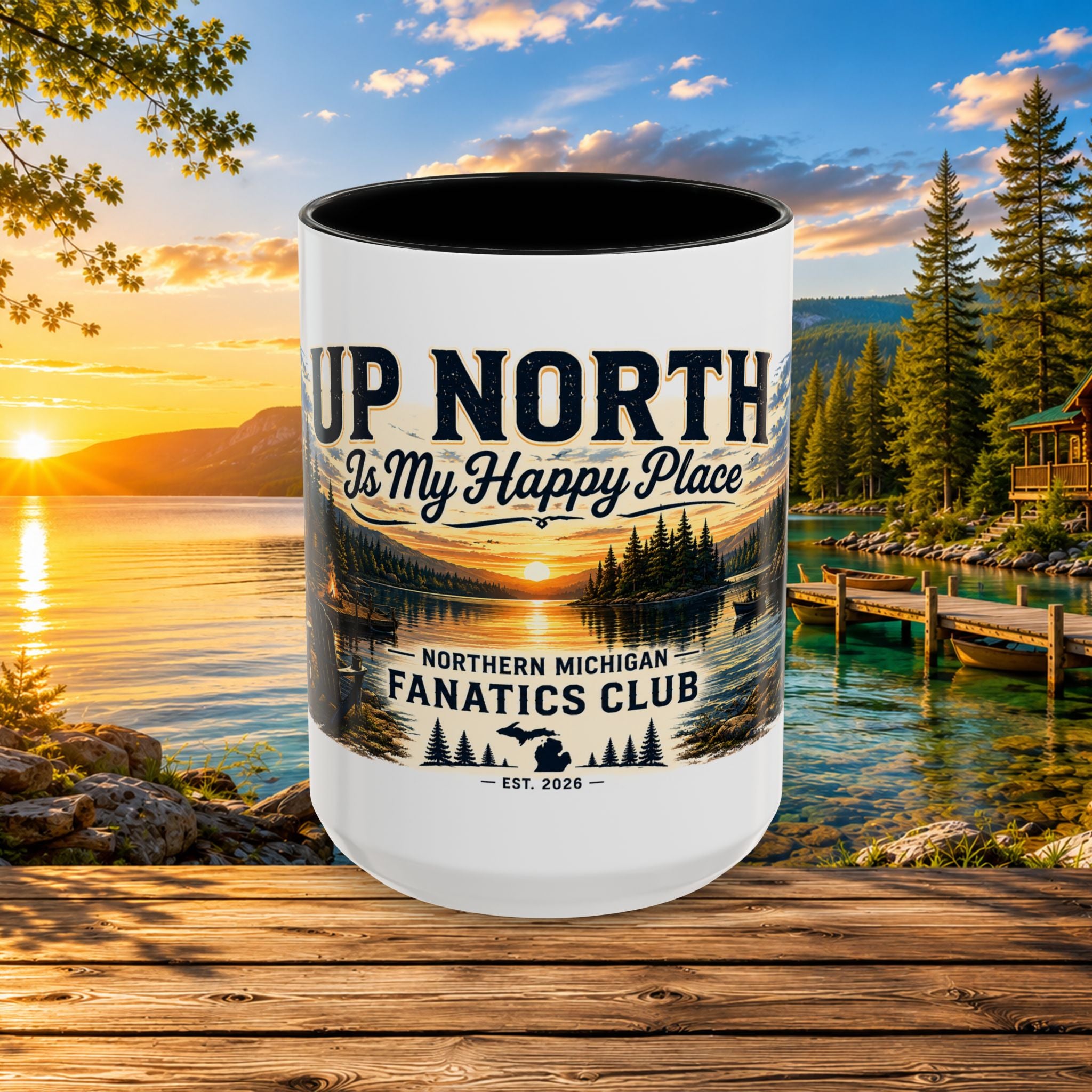 Up North Is My Happy Place Coffee Mug — Northern Michigan Scenic Accent Mug (11/15oz)