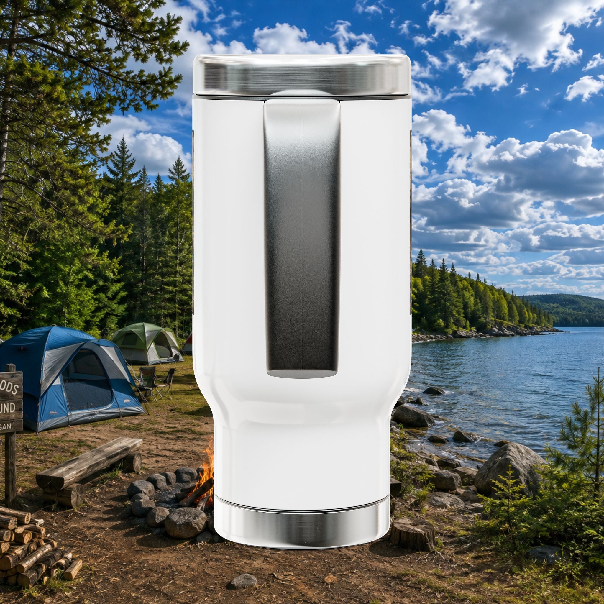 Northern Michigan Travel Mug — 14oz Stainless Steel Coffee Tumbler with Handle