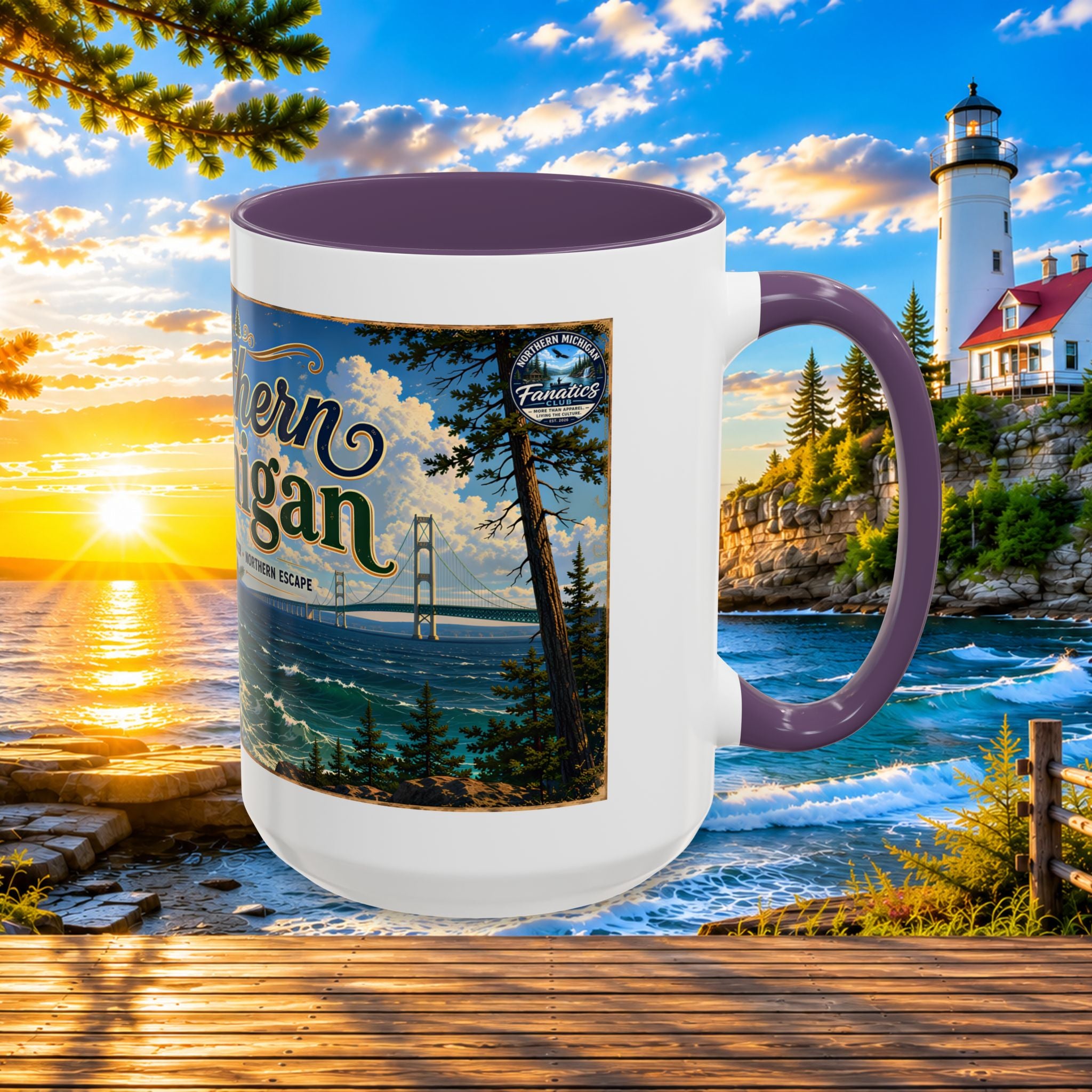 Northern Michigan Accent Coffee Mug — Scenic Lighthouse & Mackinac Bridge Travel Souvenir (11/15oz)