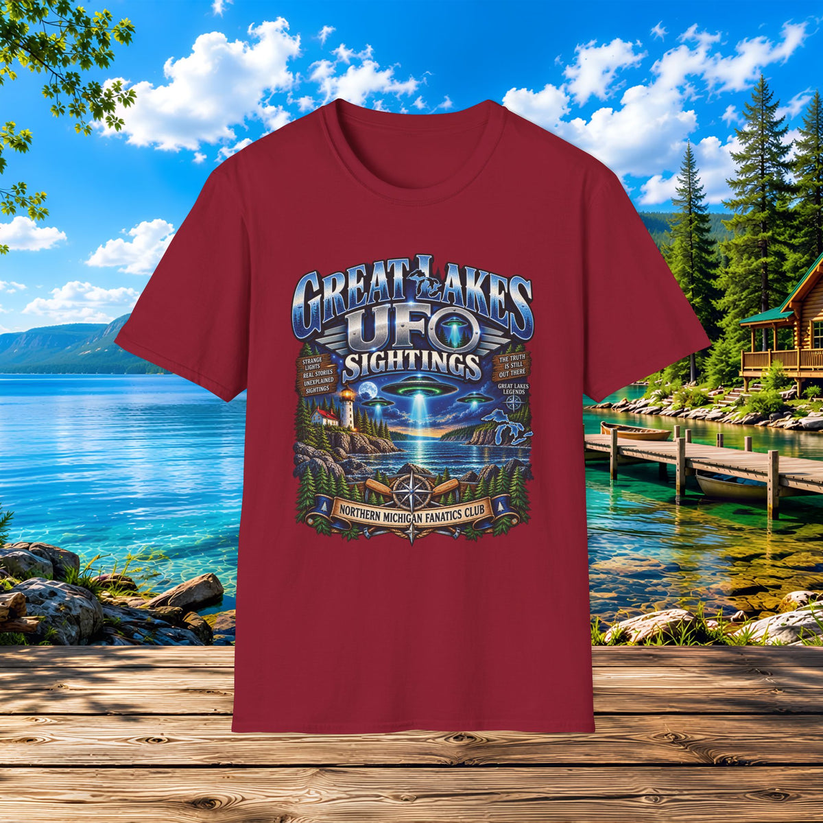 Great Lakes UFO Sightings T‑Shirt — Retro Alien Lake Scene