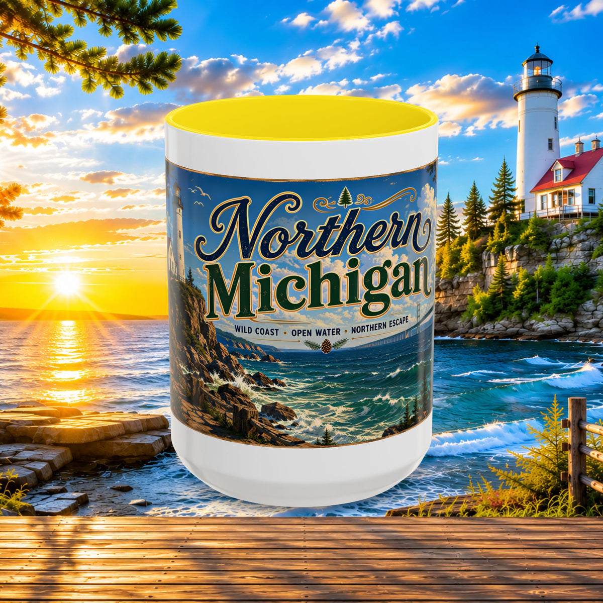 Northern Michigan Accent Coffee Mug — Scenic Lighthouse & Mackinac Bridge Travel Souvenir (11/15oz)