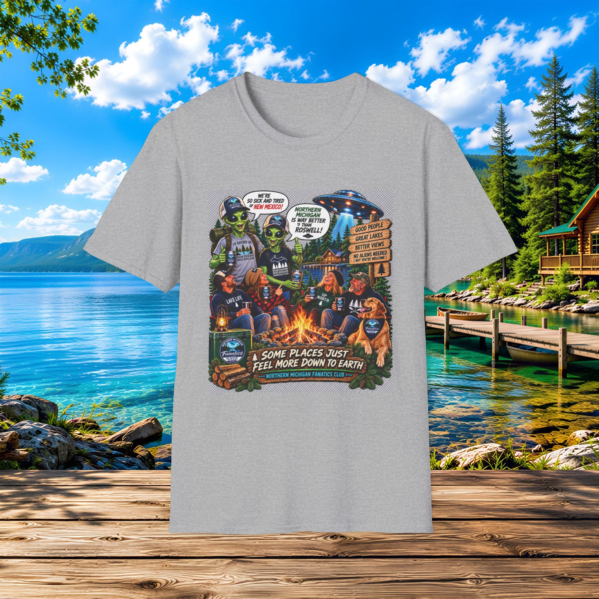 Camping & UFOs Graphic T-Shirt — "Some Places Just Feel More Down to Earth"