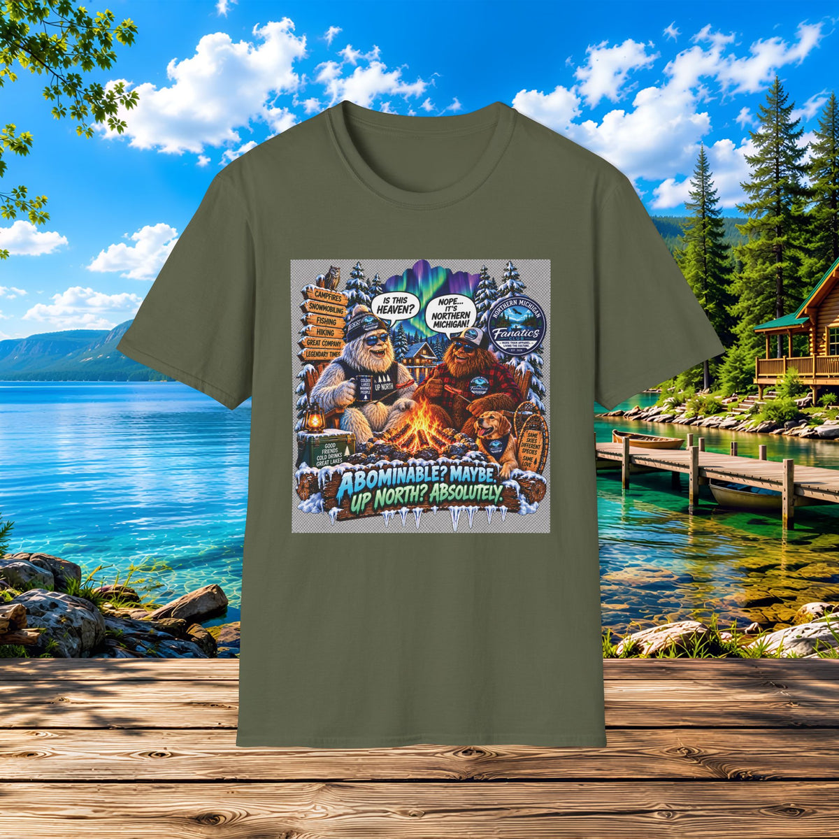 Bigfoot Campfire T-Shirt — "Abominable? Maybe Up North? Absolutely!" Outdoor Camping Graphic Tee