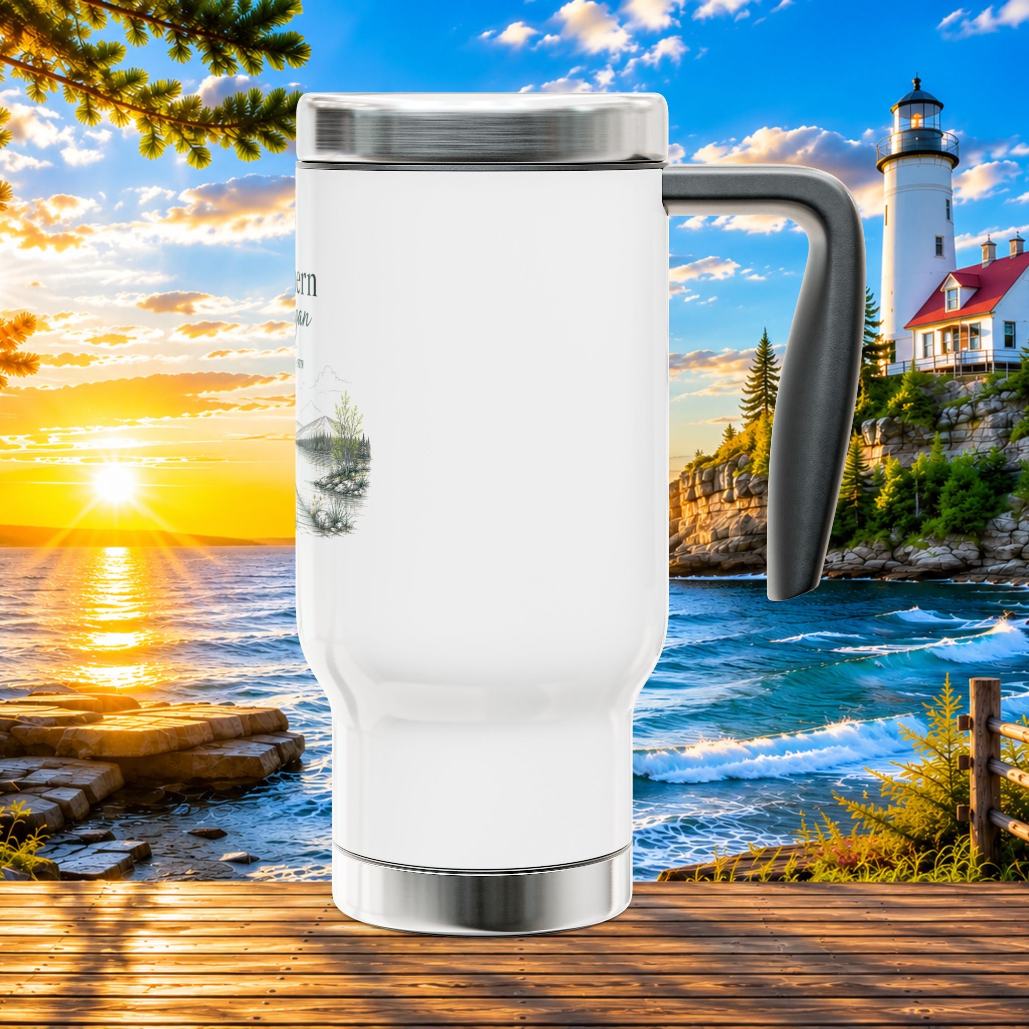 Northern Michigan Travel Mug — 14oz Stainless Steel Insulated Tumbler with Handle (Summer • Dock • Sun)