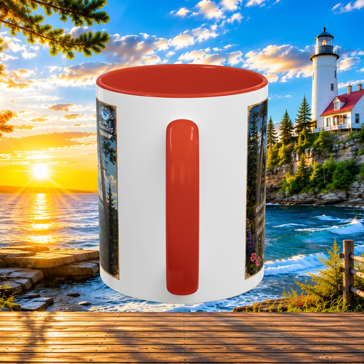 Northern Michigan Accent Coffee Mug — Scenic Lighthouse & Mackinac Bridge Travel Souvenir (11/15oz)