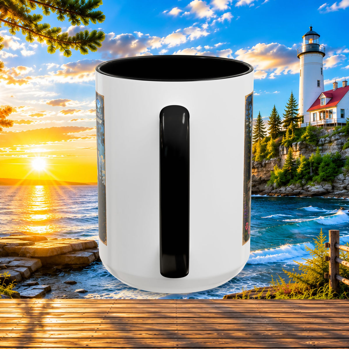 Northern Michigan Accent Coffee Mug — Scenic Lighthouse & Mackinac Bridge Travel Souvenir (11/15oz)