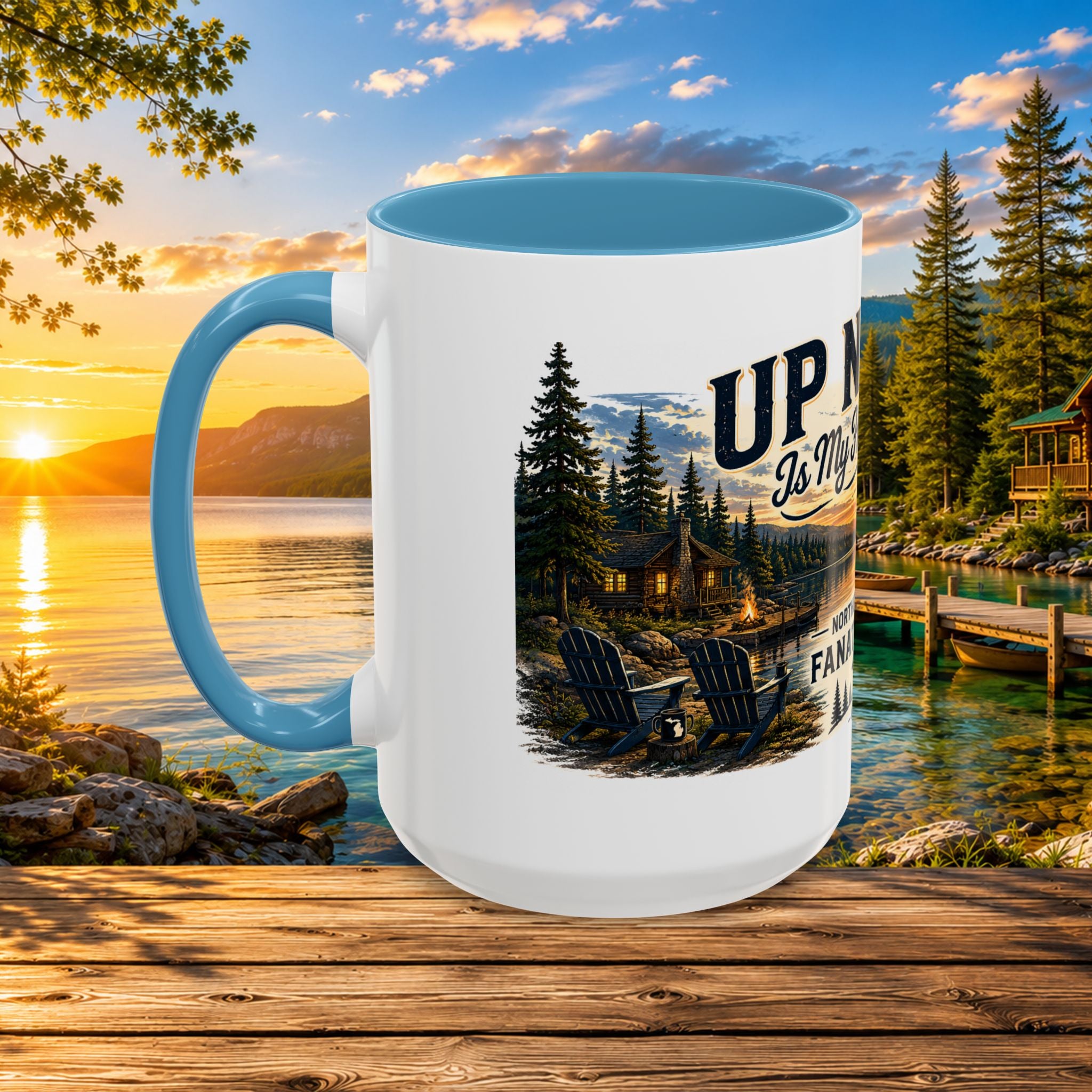 Up North Is My Happy Place Coffee Mug — Northern Michigan Scenic Accent Mug (11/15oz)