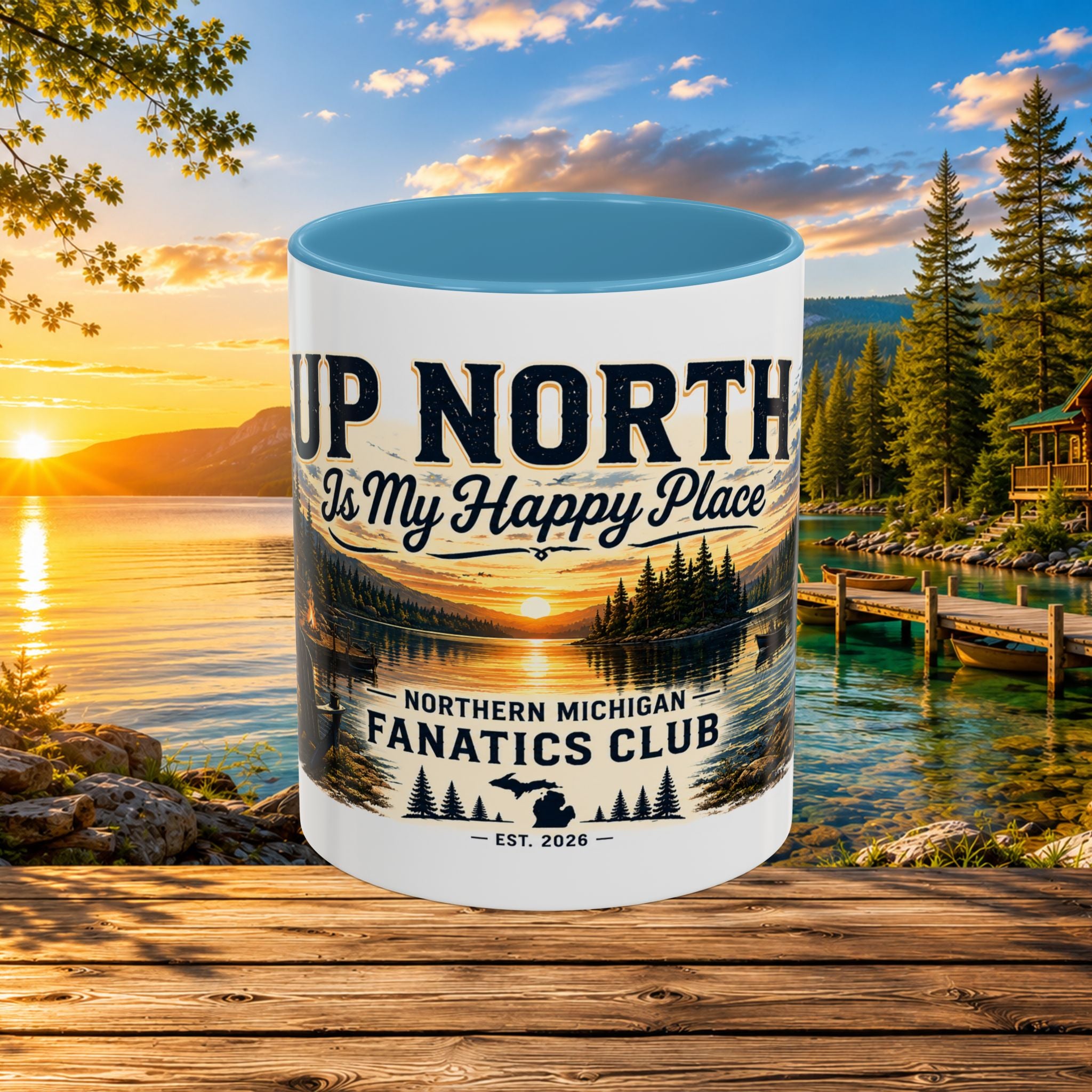 Up North Is My Happy Place Coffee Mug — Northern Michigan Scenic Accent Mug (11/15oz)