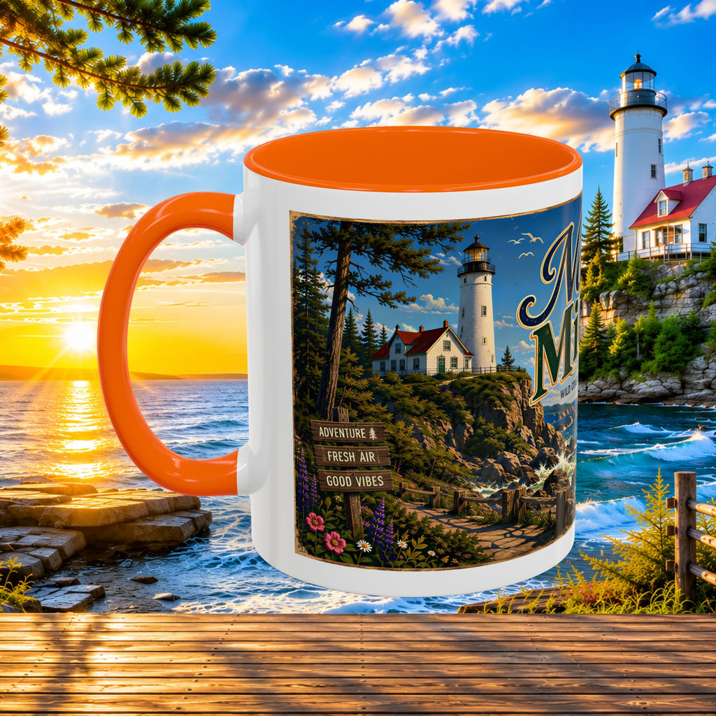 Northern Michigan Accent Coffee Mug — Scenic Lighthouse & Mackinac Bridge Travel Souvenir (11/15oz)