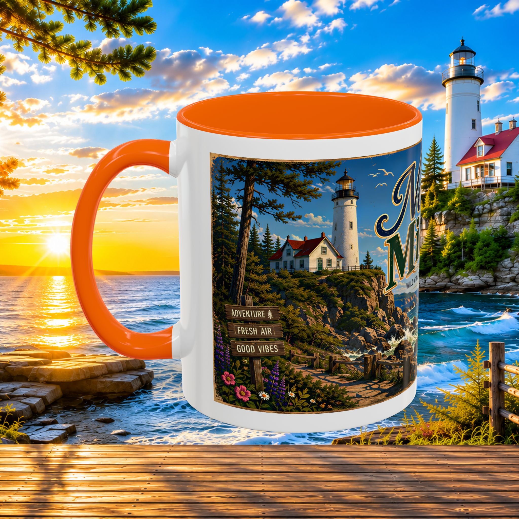Northern Michigan Accent Coffee Mug — Scenic Lighthouse & Mackinac Bridge Travel Souvenir (11/15oz)