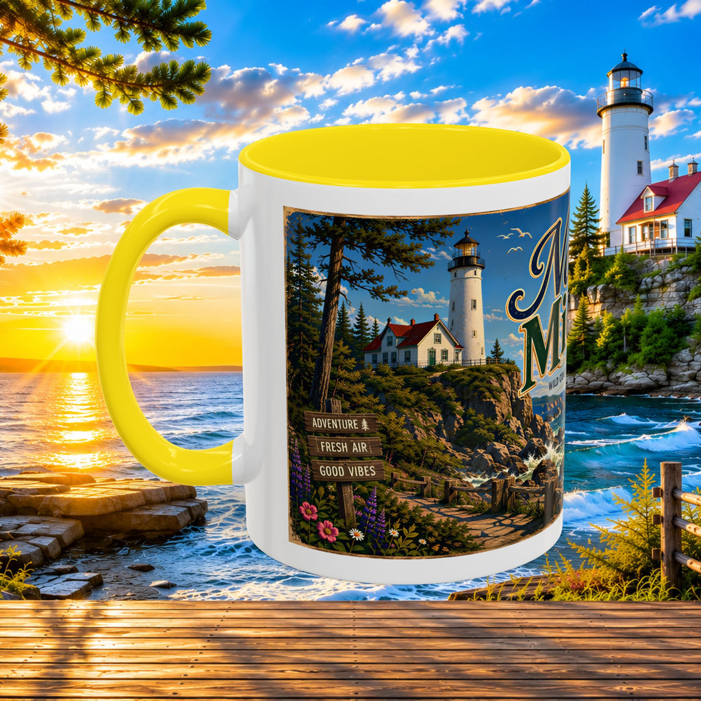 Northern Michigan Accent Coffee Mug — Scenic Lighthouse & Mackinac Bridge Travel Souvenir (11/15oz)