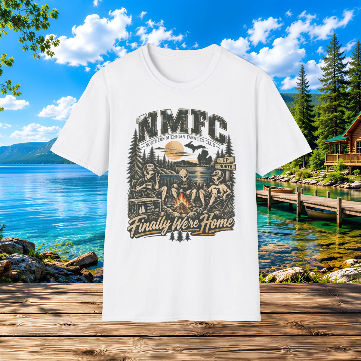 Camping Cabin T-Shirt — "NMFC Finally We're Home" Alien Campfire Tee
