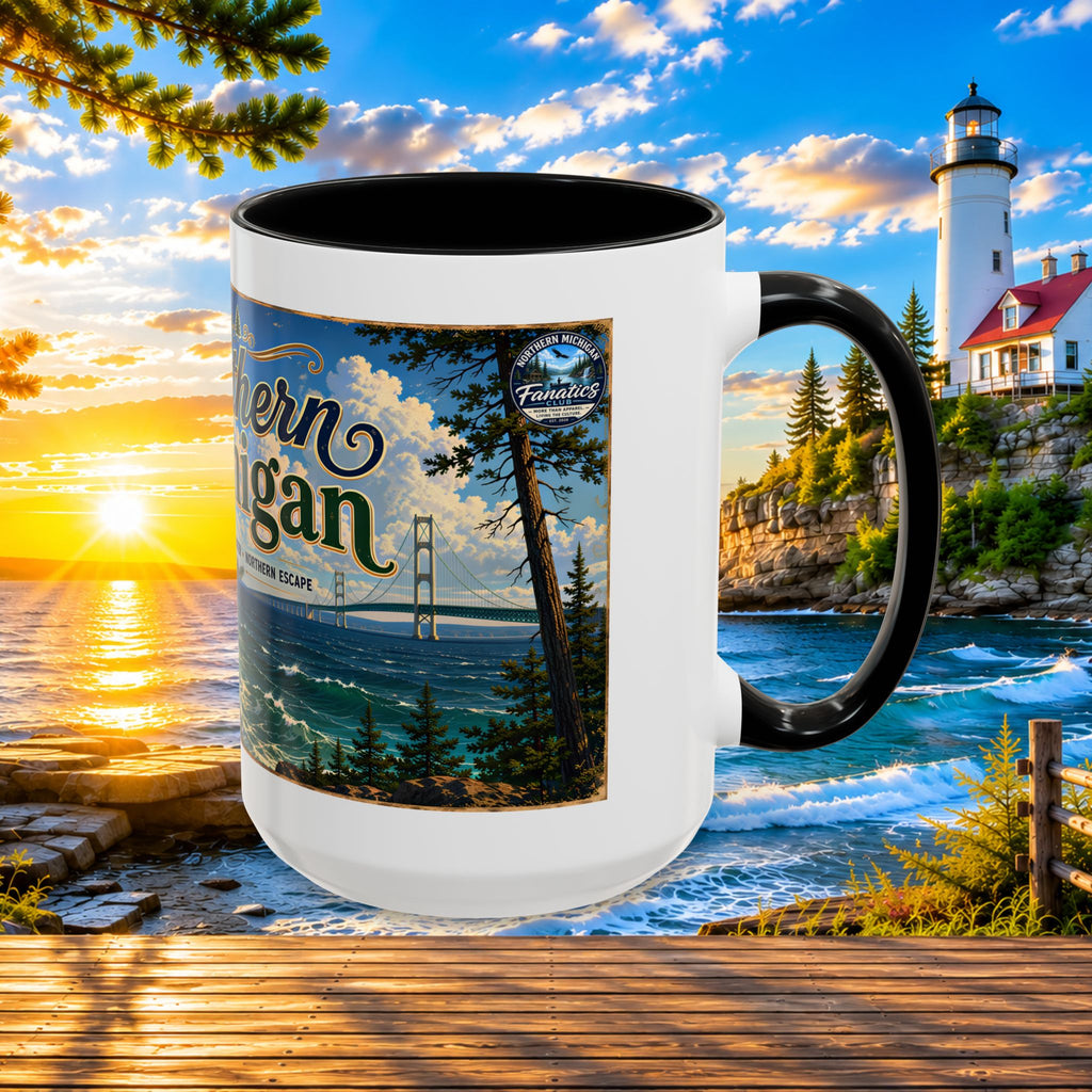 Northern Michigan Accent Coffee Mug — Scenic Lighthouse & Mackinac Bridge Travel Souvenir (11/15oz)