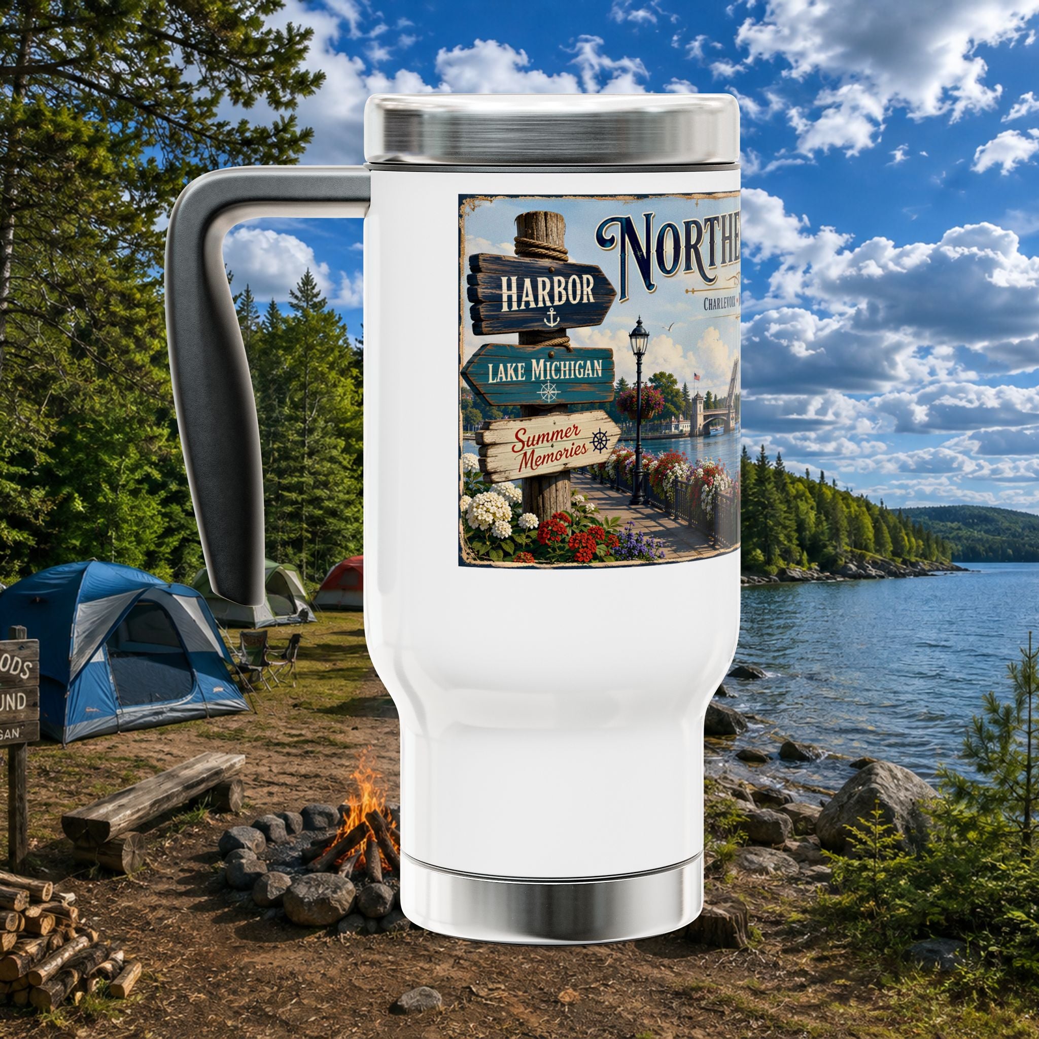 Northern Michigan Travel Mug - 14oz Stainless Steel with Handle (Lake Michigan Harbor Scenic)