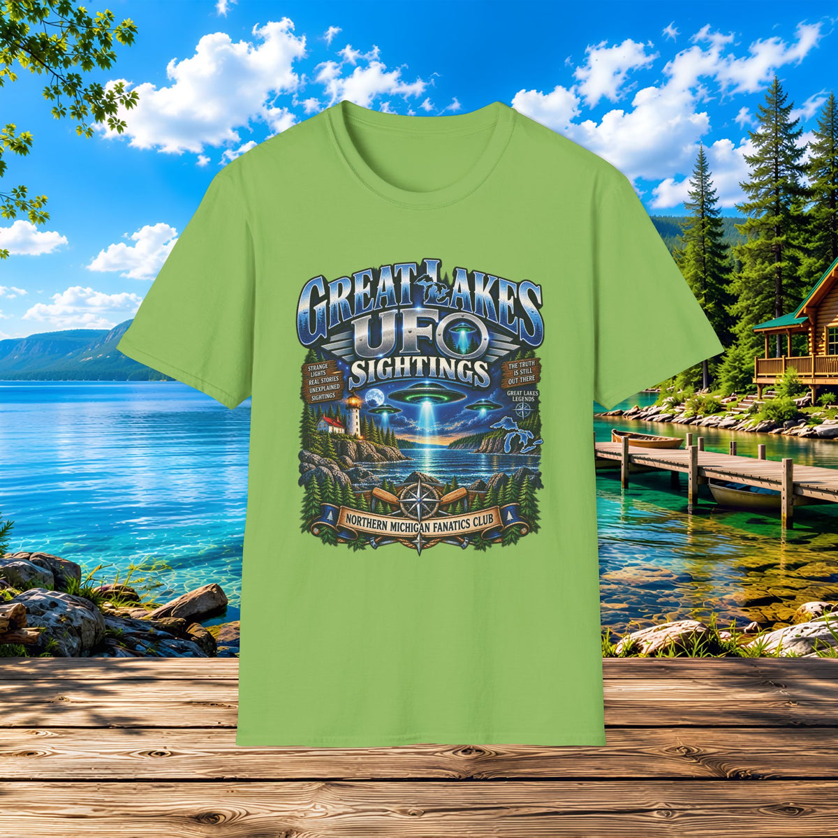 Great Lakes UFO Sightings T‑Shirt — Retro Alien Lake Scene
